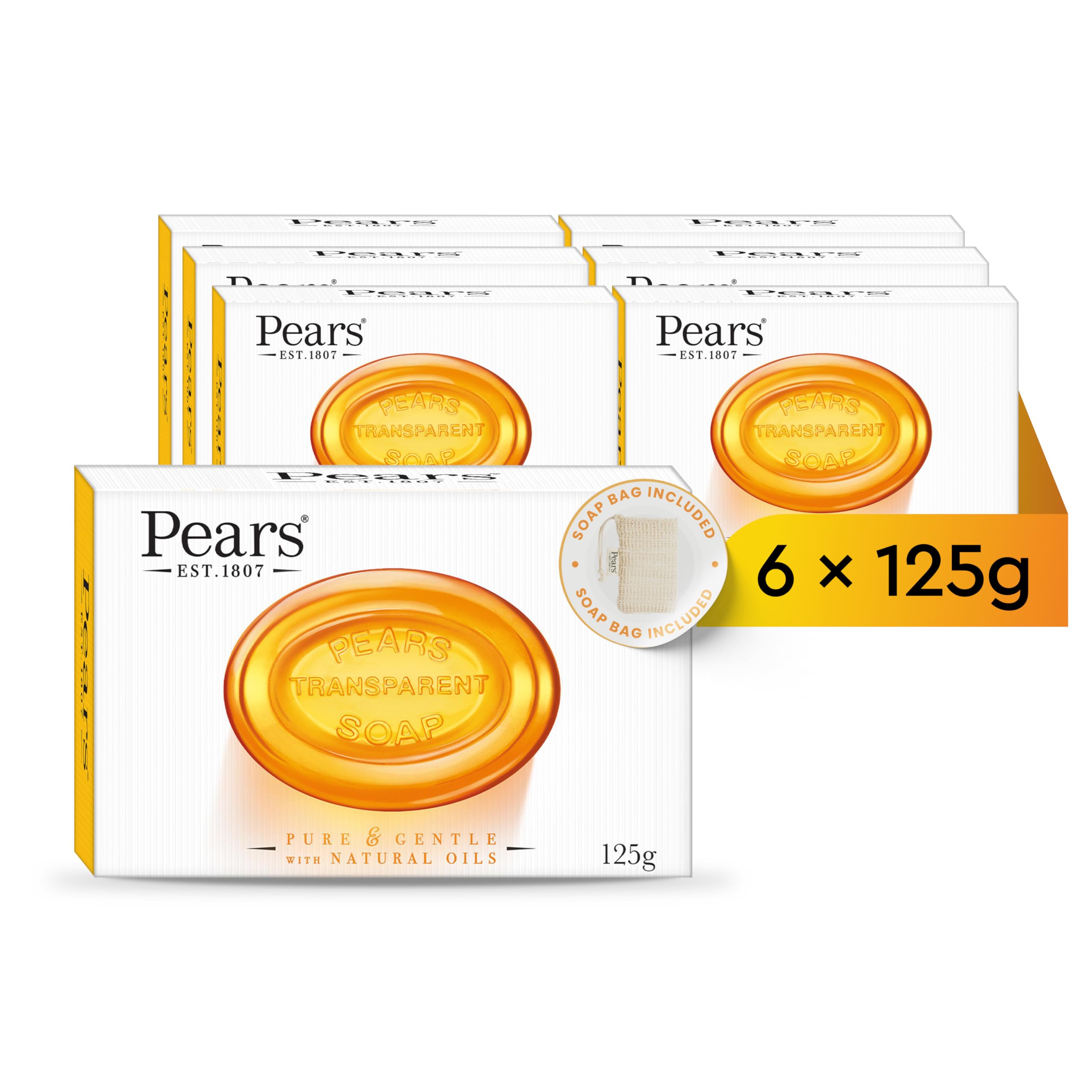 Pears Natural Amber Transparent Soap Bars 125g - 6 Pack with Soap Bag