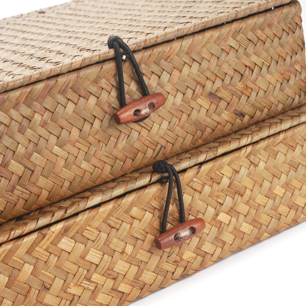 Seagrass Storage Box with Lids Rectangular Organization Wicker Shelf Baskets Natural Woven Stackable Set of 2 Large+Small