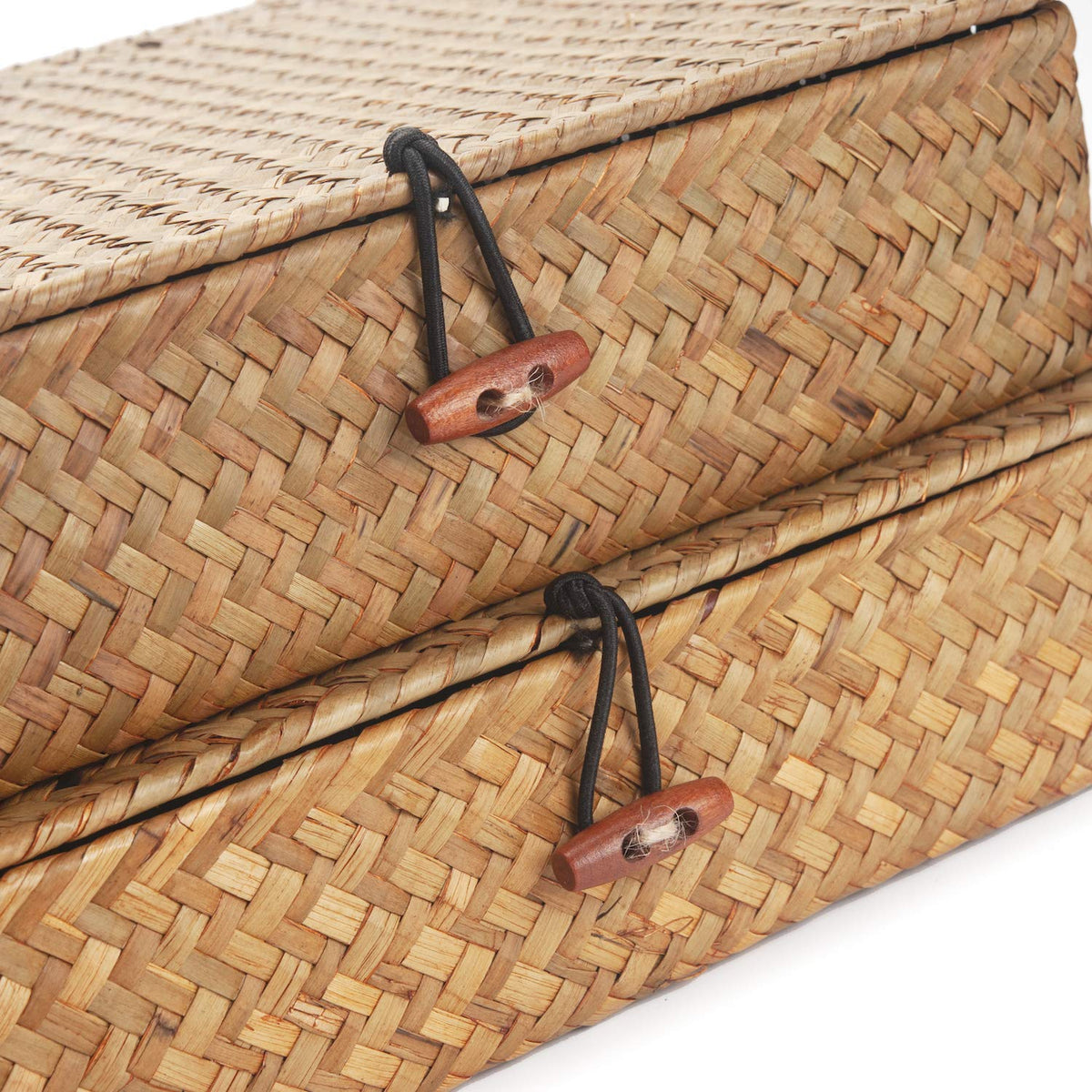 Seagrass Storage Box with Lids Rectangular Organization Wicker Shelf Baskets Natural Woven Stackable Set of 2 Large+Small