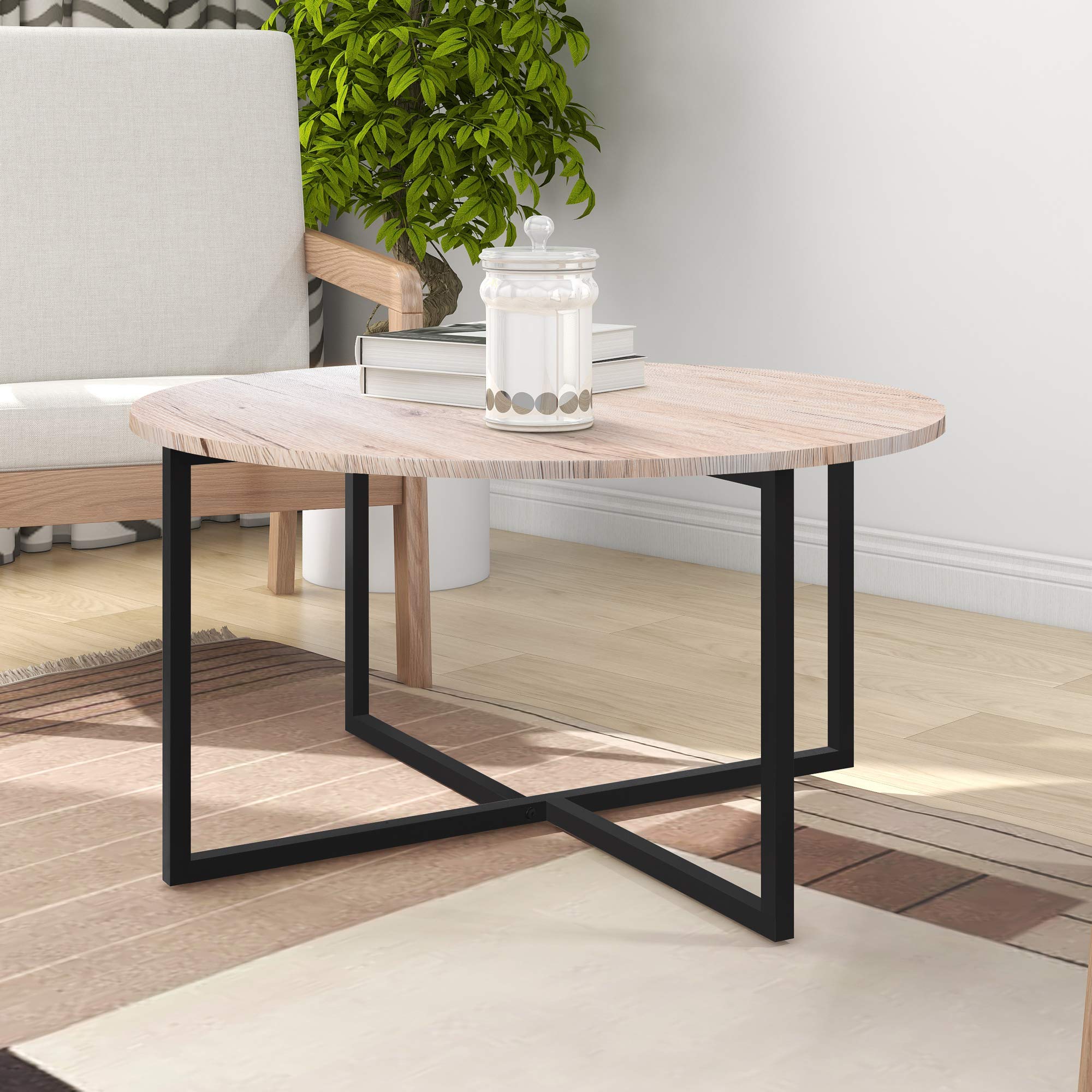Jolof Store Round Coffee Table – Modern Wood and Metal Tea Table