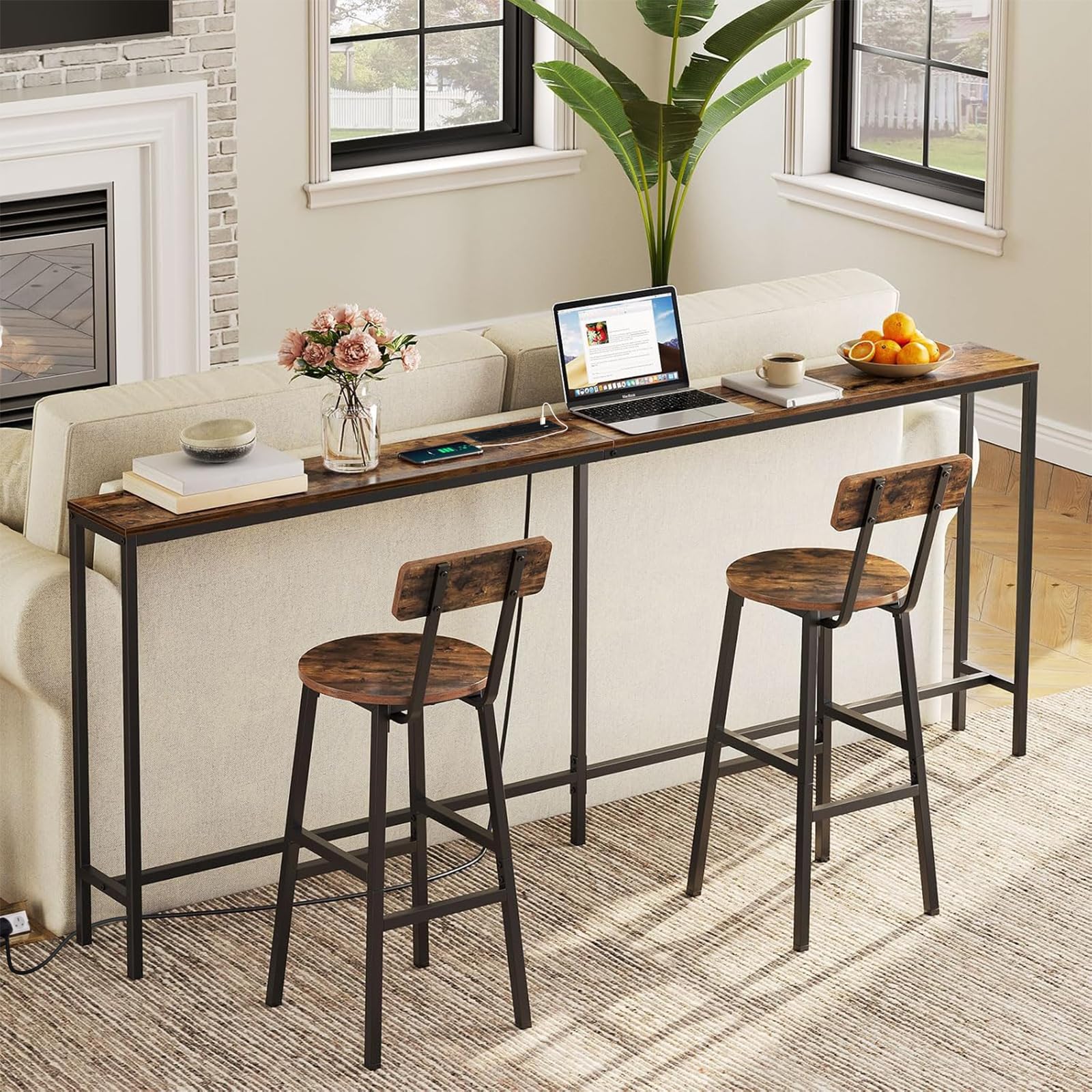 MAHANCRIS 200cm Narrow Console Table with Power Outlet | Industrial Brown