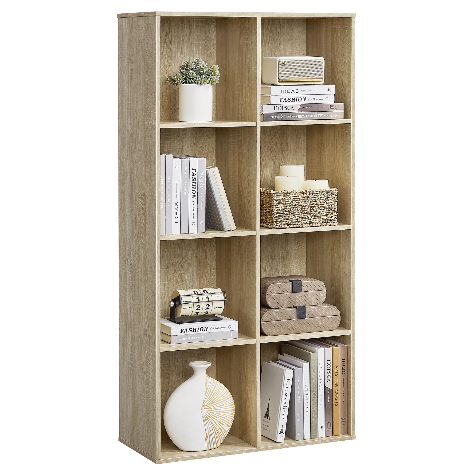 VASAGLE 8-Cube Wooden Bookcase – Freestanding Storage Shelf, Oak