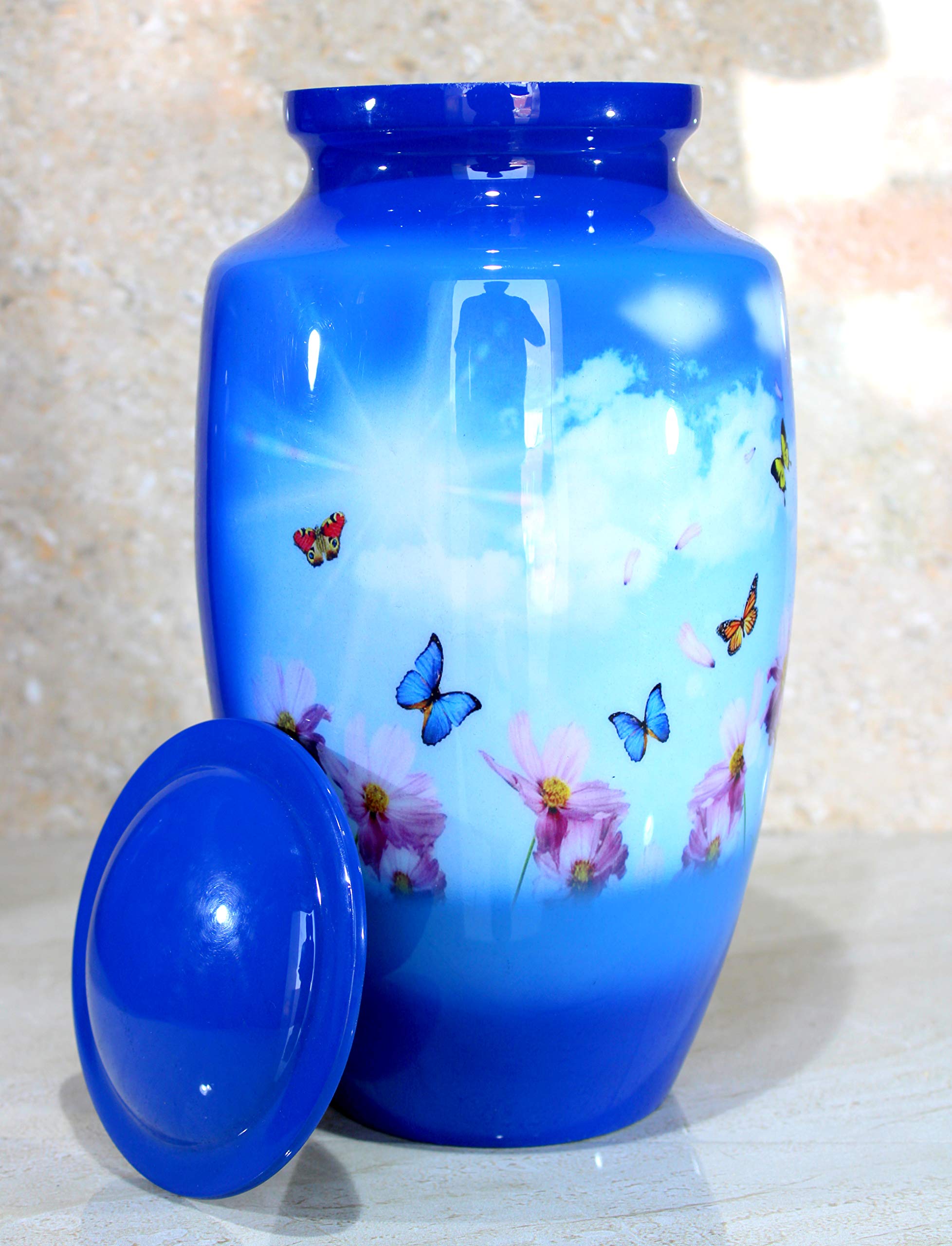 eSplanade Metal Cremation Urn - Blue Butterfly Memorial Jar for Ashes - 10"