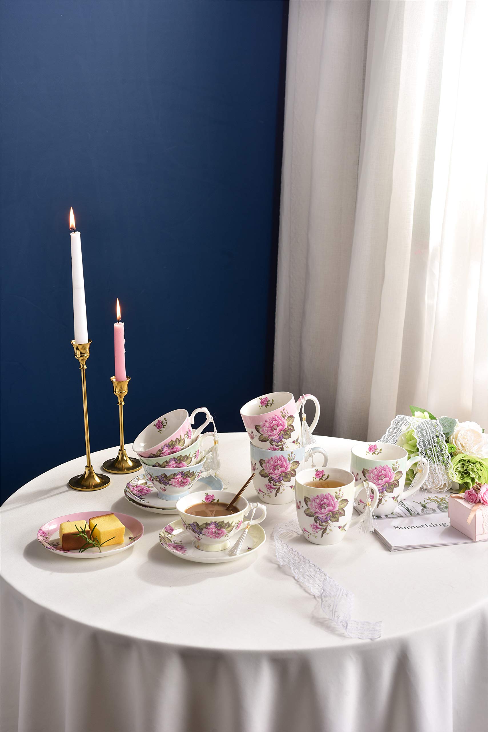 London Boutique Vintage Rose Bone China Tea Cup and Saucer Set - 4 Pack