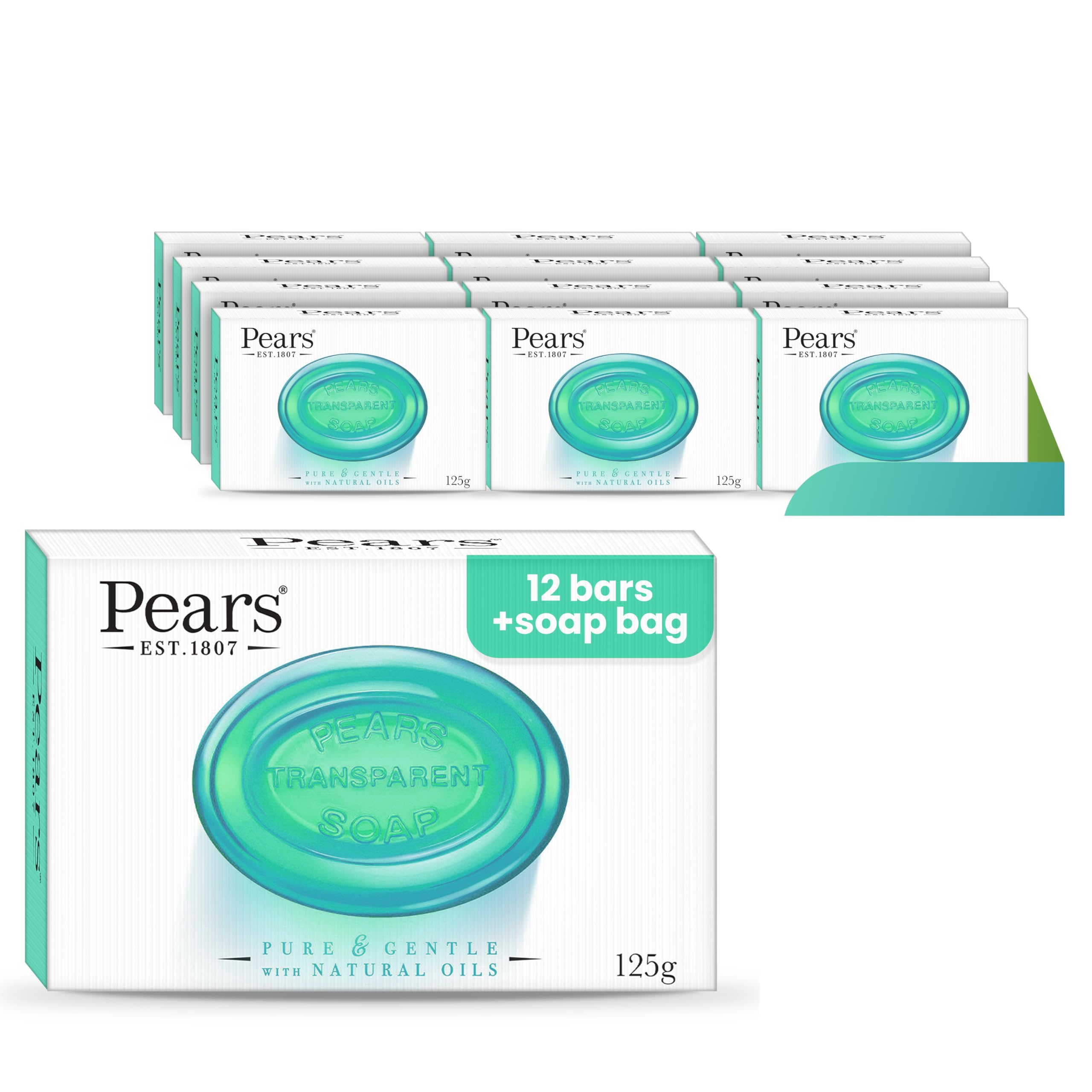 Pears Transparent Lemon Soap Bars 125g - 12 Pack with Cotton Soap Bag