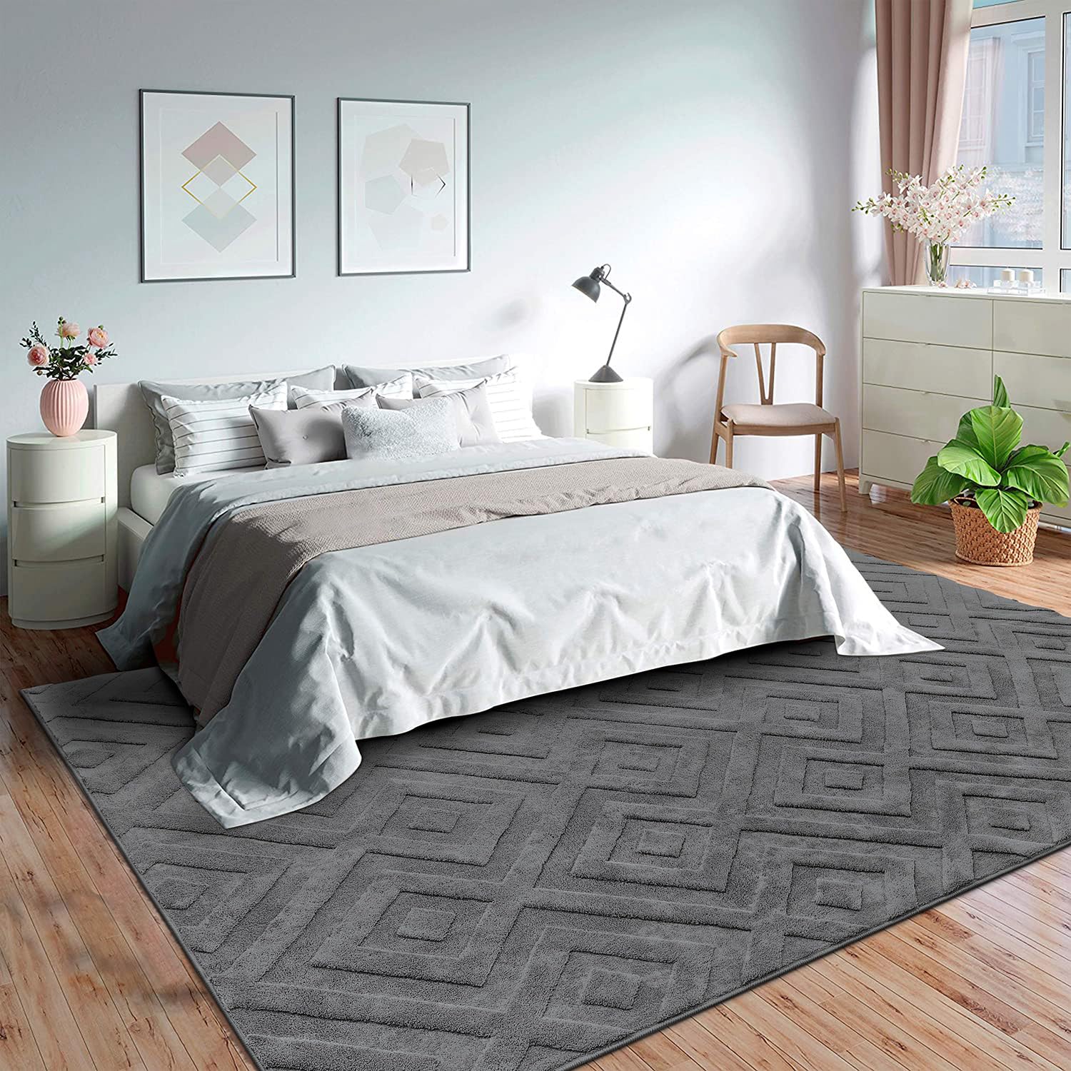 SHACOS Washable Grey Area Rug – 120x160cm Soft Shaggy Geometric Carpet