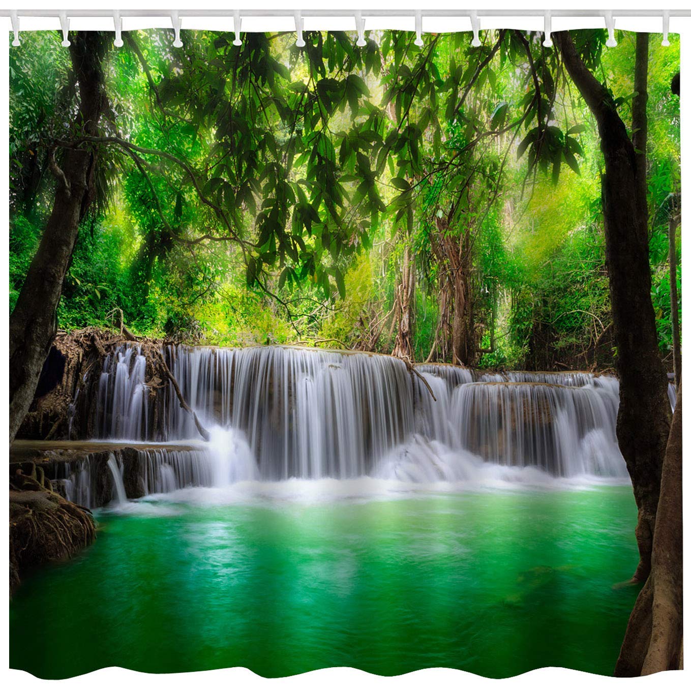 Forest Waterfall Shower Curtain – Green Nature Scenery