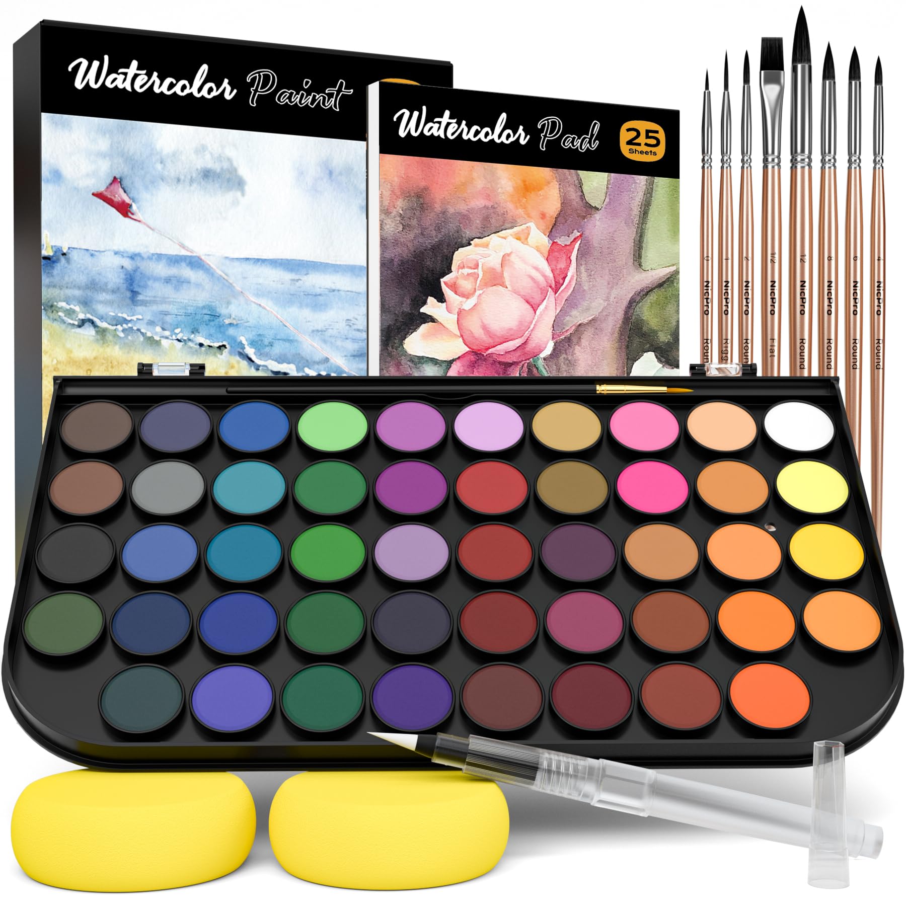 Nicpro 48 Color Watercolour Paint Set with 8 Brushes and 25 Art Pads