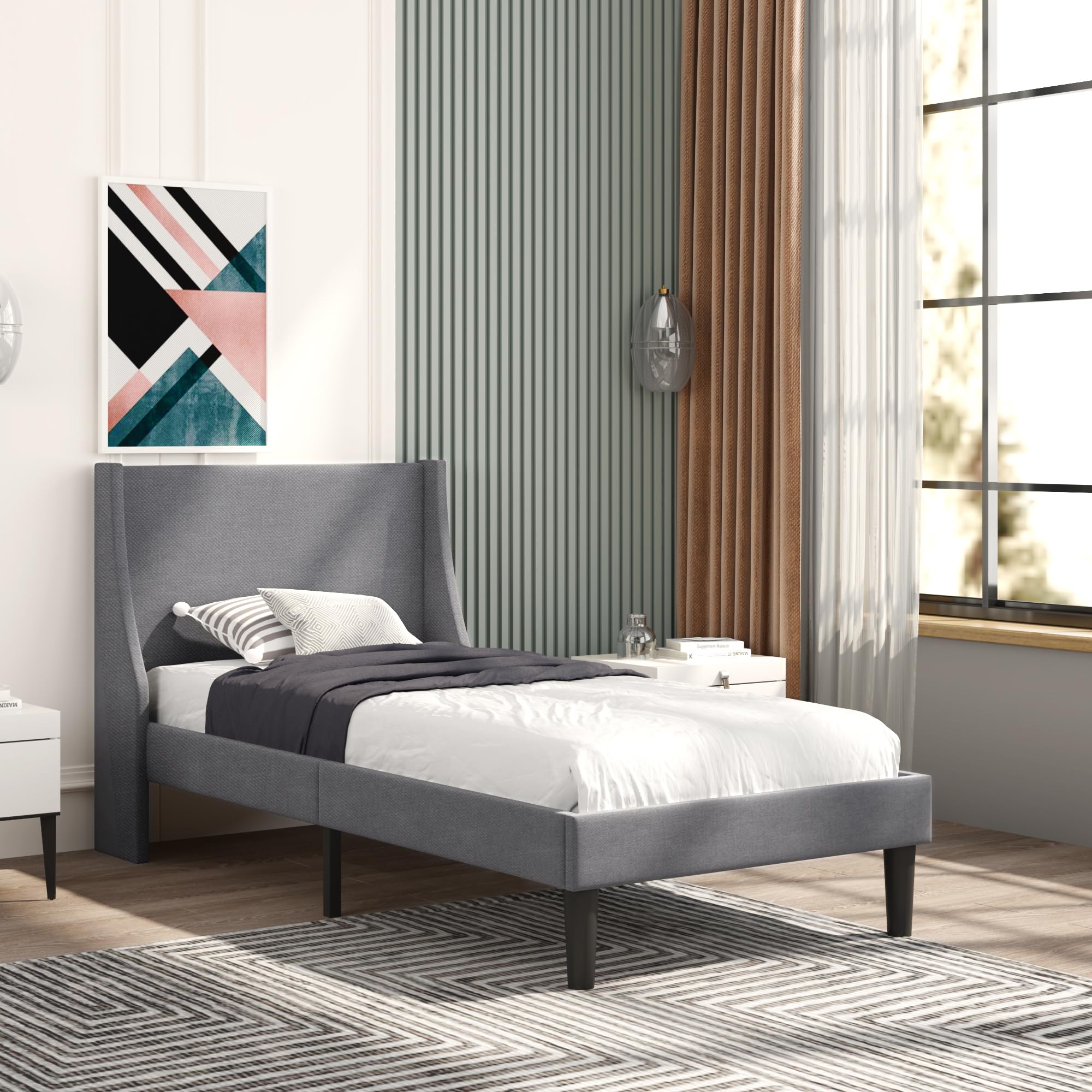 Merax 3FT Single Upholstered Bed Frame – Wingback Linen Grey, 90x190cm