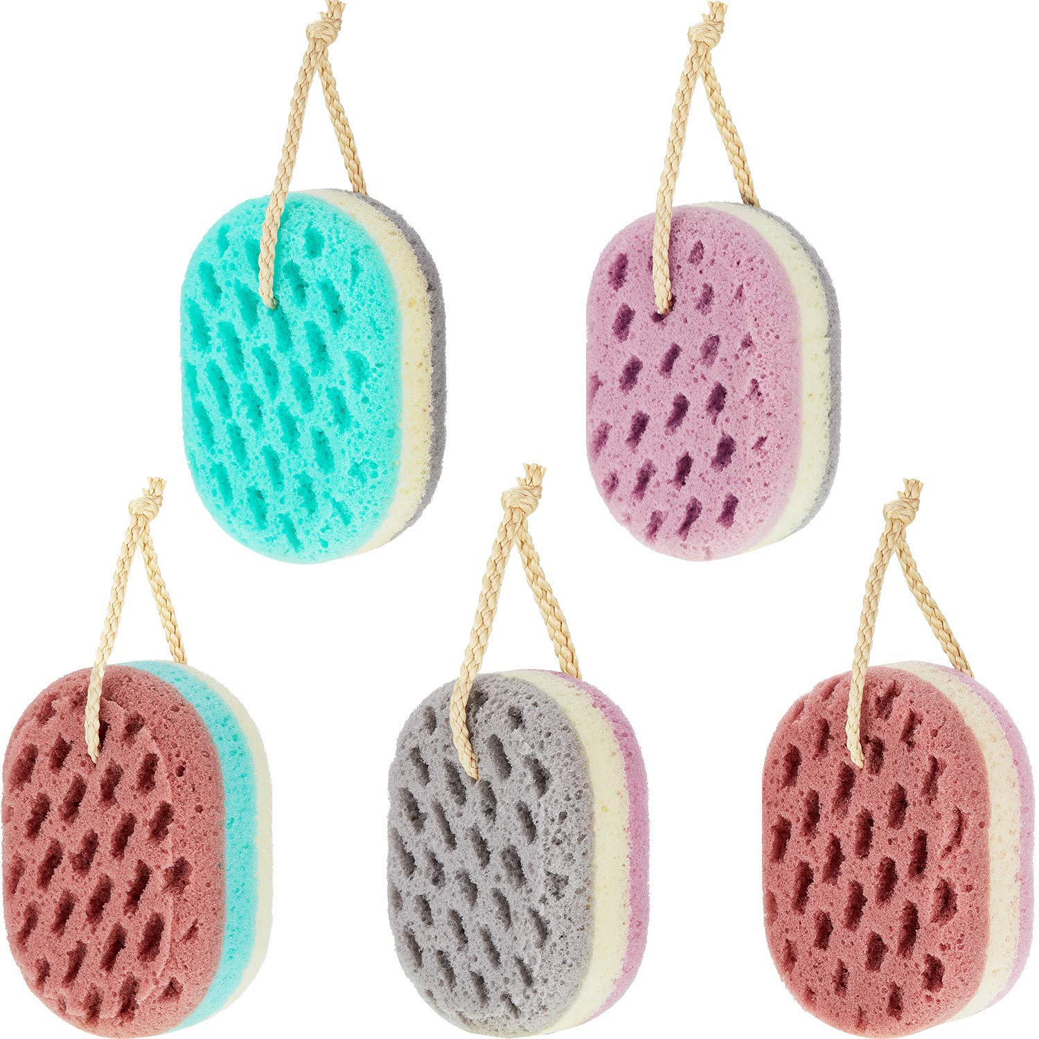 Natural Fiber Exfoliating Bath Sponge - 5 Pack Oval Body Scrubber