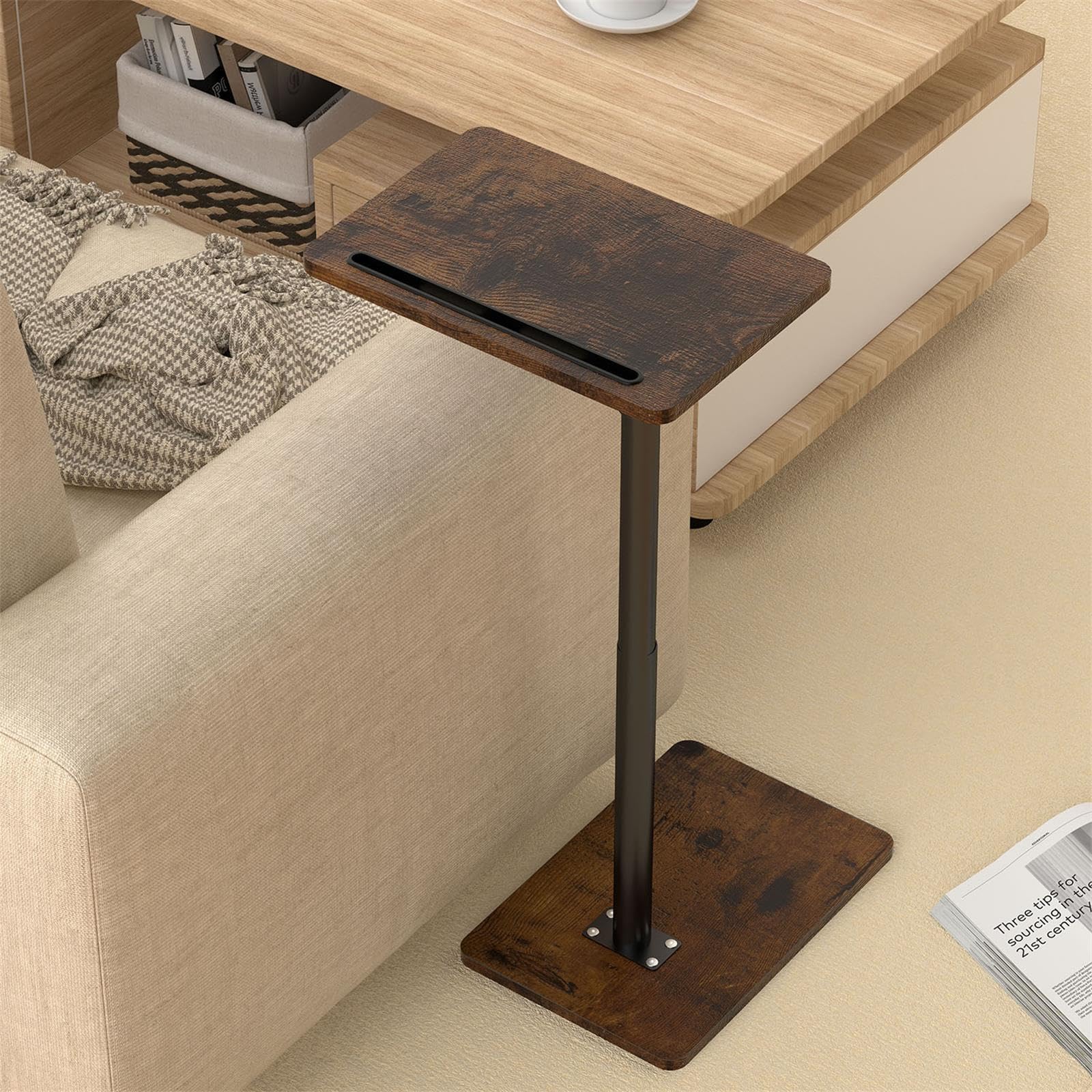 YUHFERA C-Shaped Side Table – Swivel Height Adjustable Sofa Tray Table