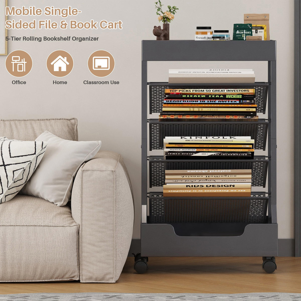 Ornestia Metal Book Trolley, Mobile Storage Bookcase with WheelsGrey