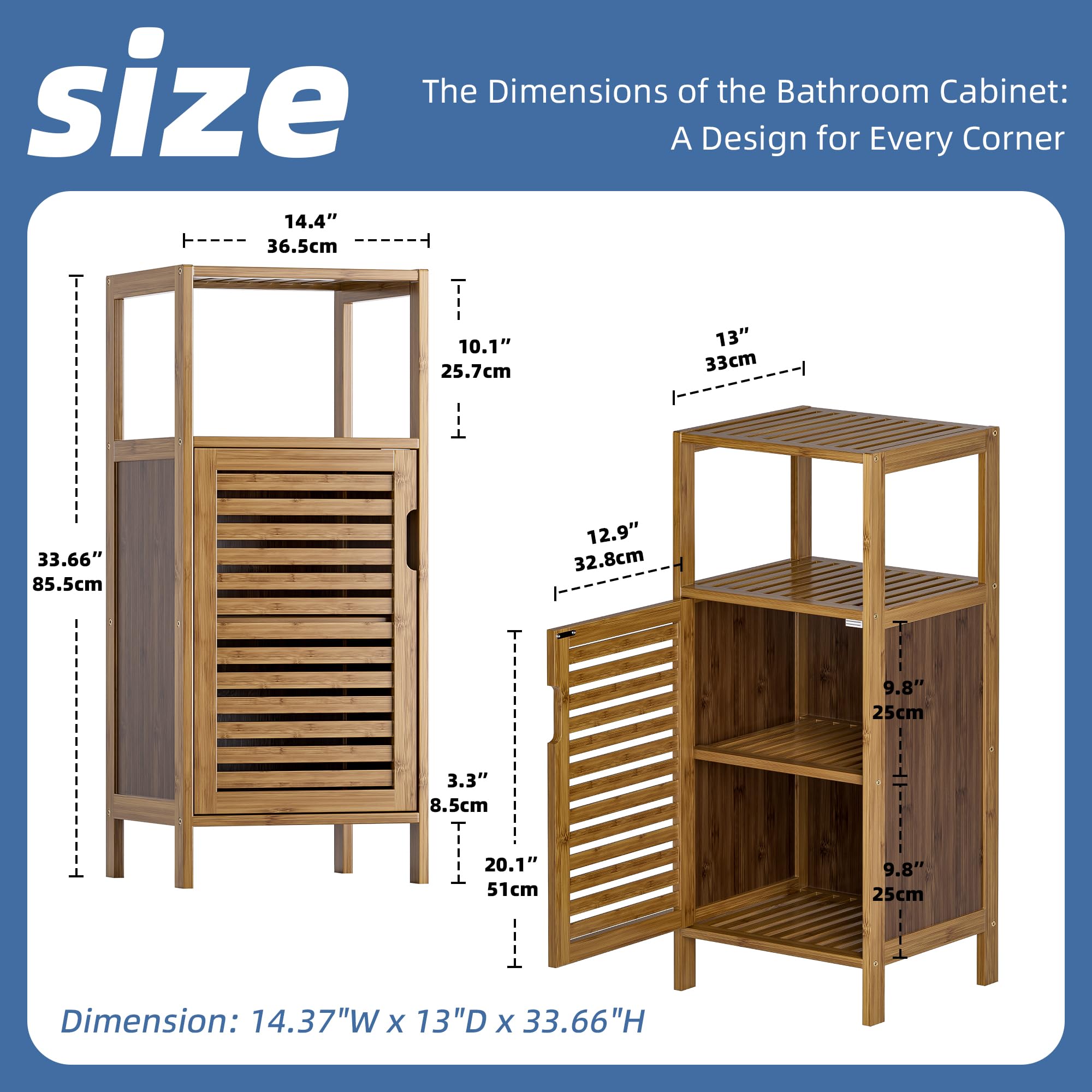 HITNET 4-Tier Bamboo Bathroom Floor Cabinet - Slim Storage Cupboard, Walnut