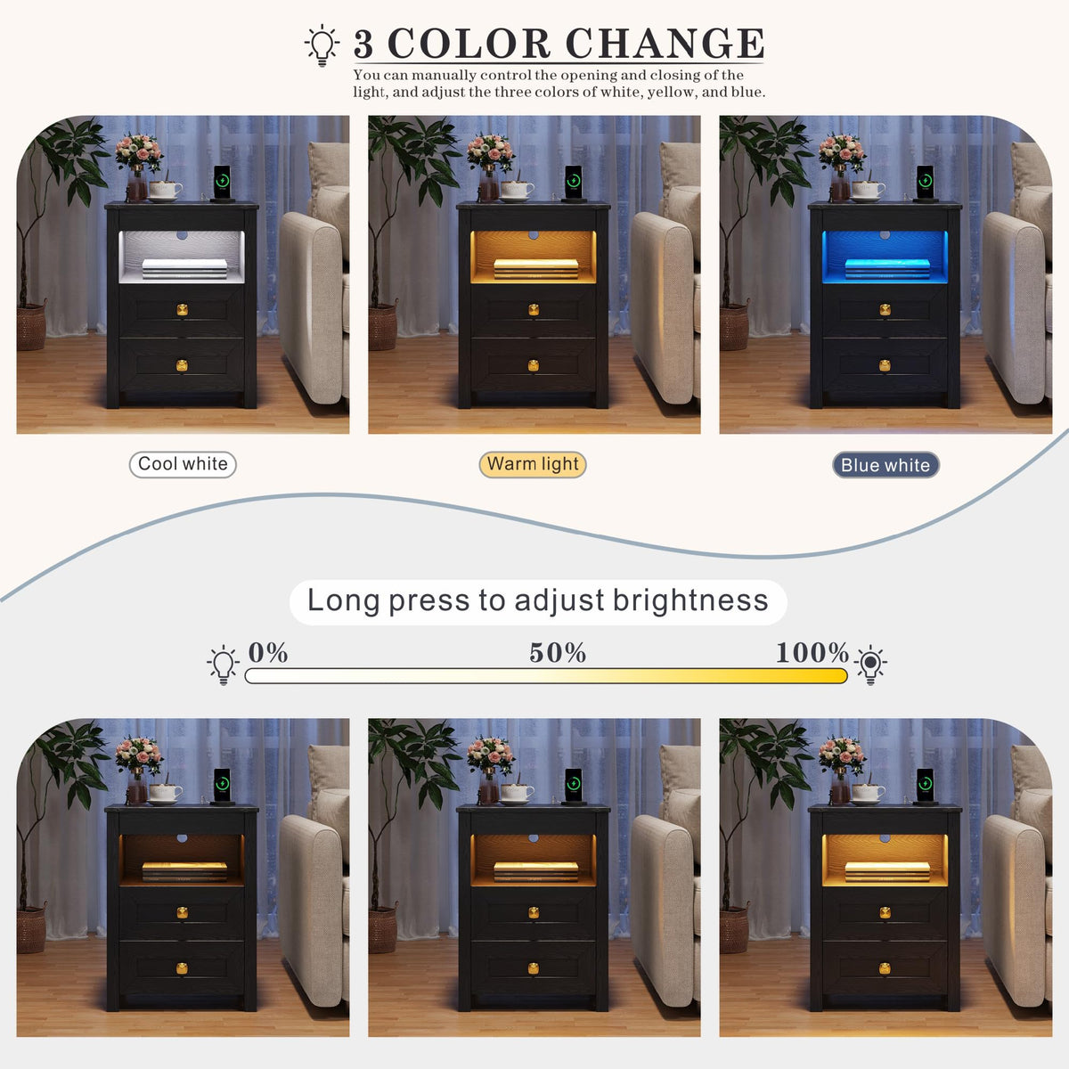 FREDEES LED Bedside Table with Hidden Drawer for Bedroom, Black - image 3