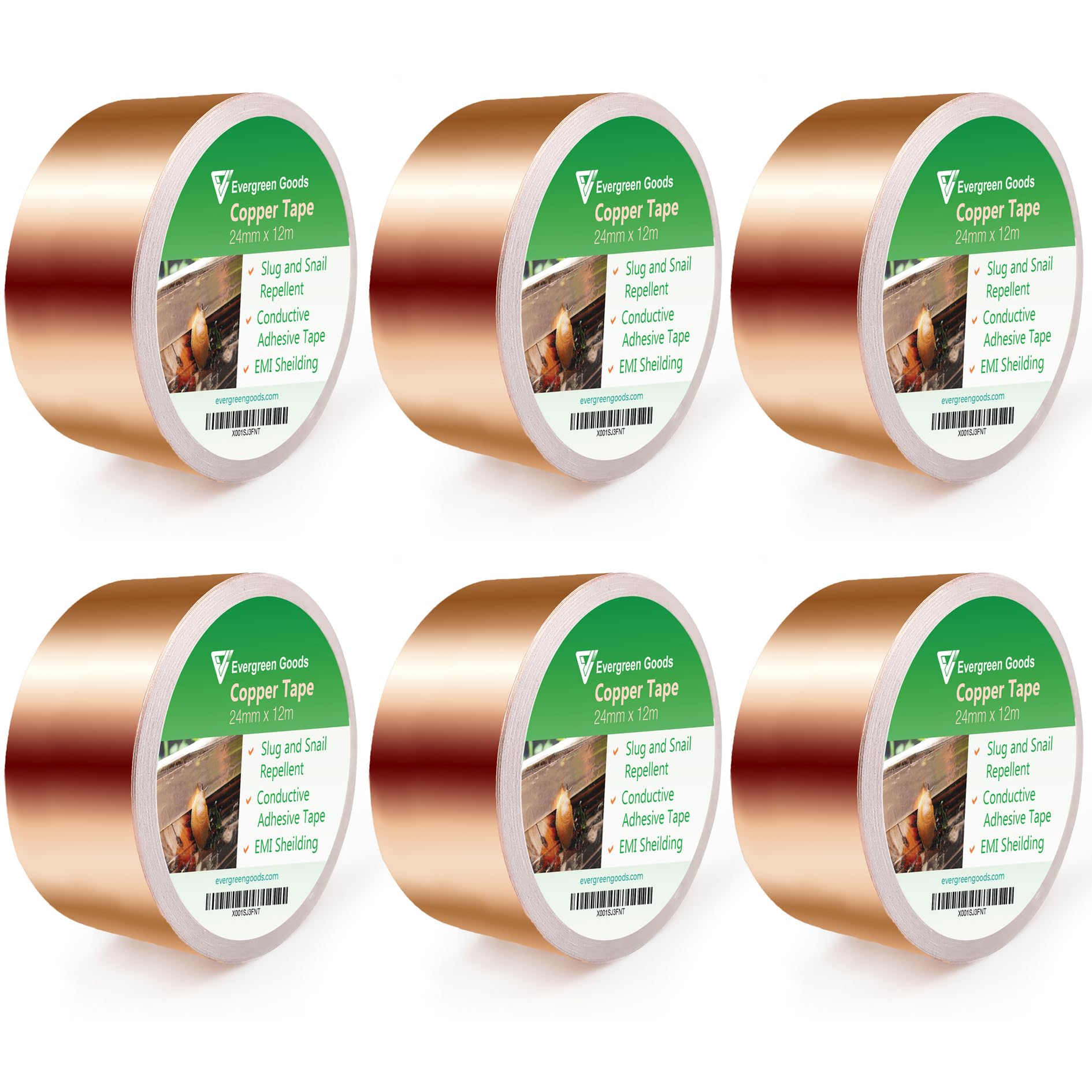 EVG Copper Slug Tape - 24mm x 12m Adhesive Snail Repellent Barrier (6 Pack)