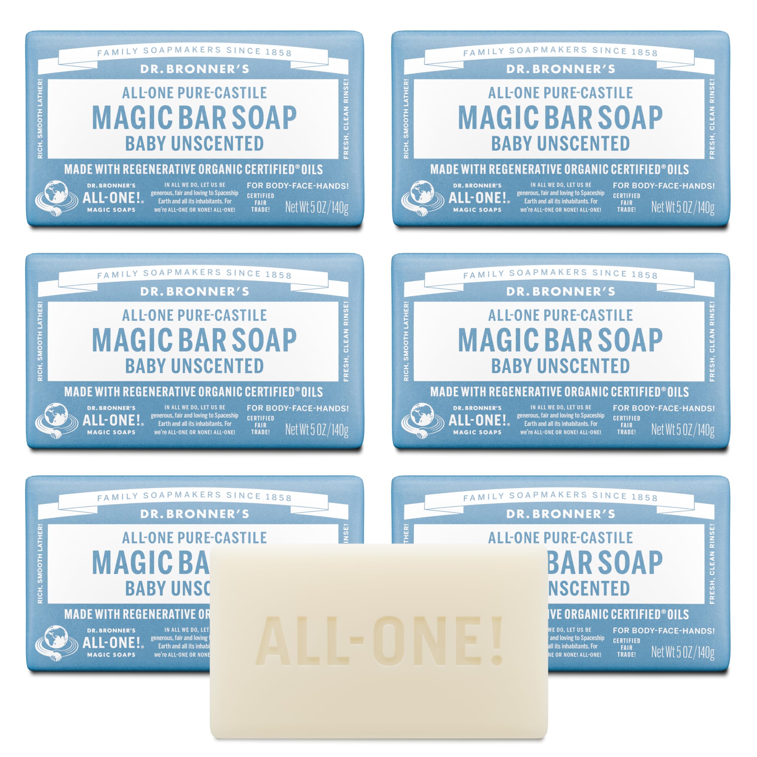 Dr. Bronner's Baby Unscented Pure-Castile Bar Soap - 5 oz (6 Pack)