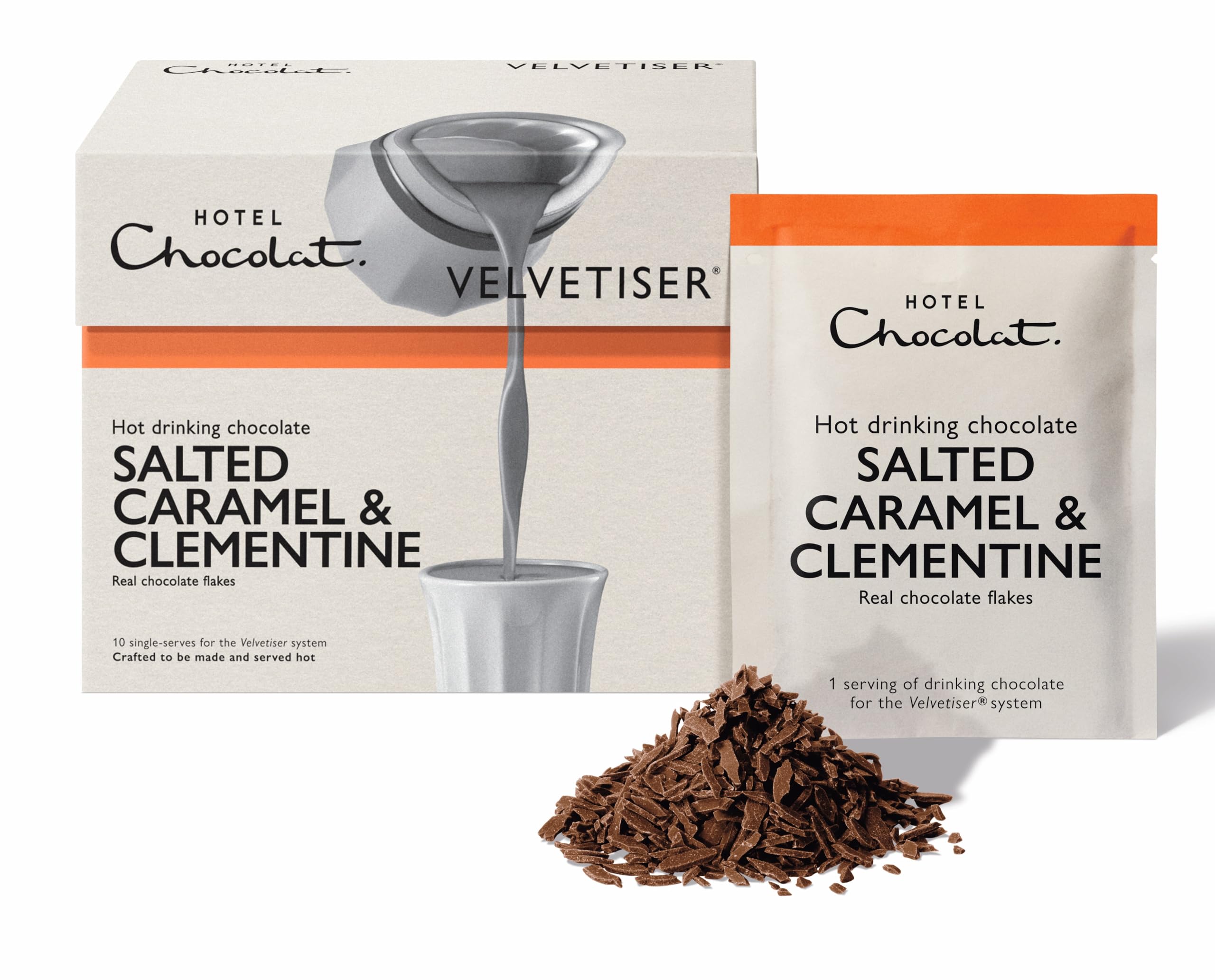 Hotel Chocolat Salted Caramel & Clementine Hot Chocolate Flakes, 10 Pack