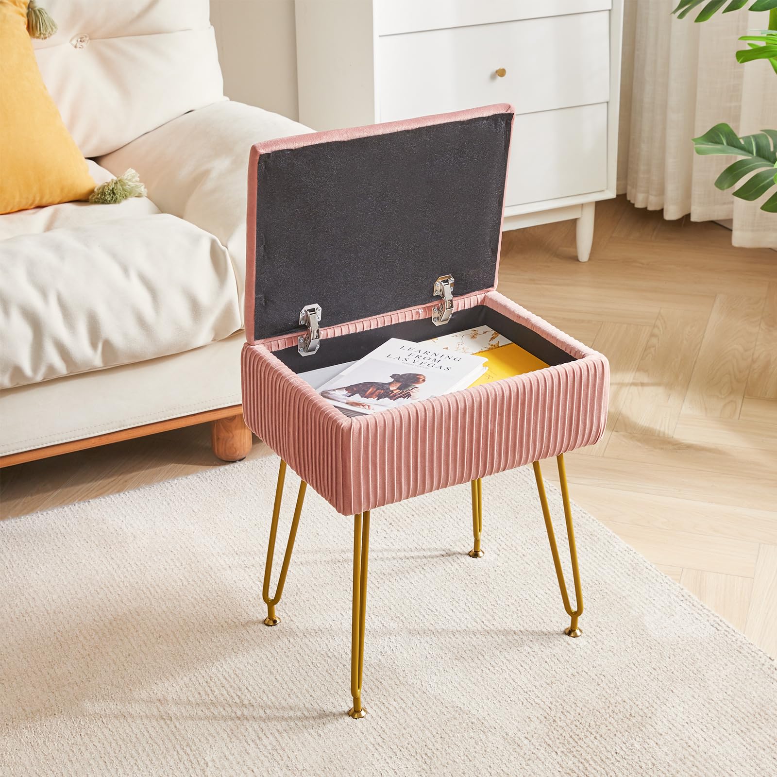 YMYNY Velvet Storage Ottoman | Pink Vanity Stool with Metal Legs