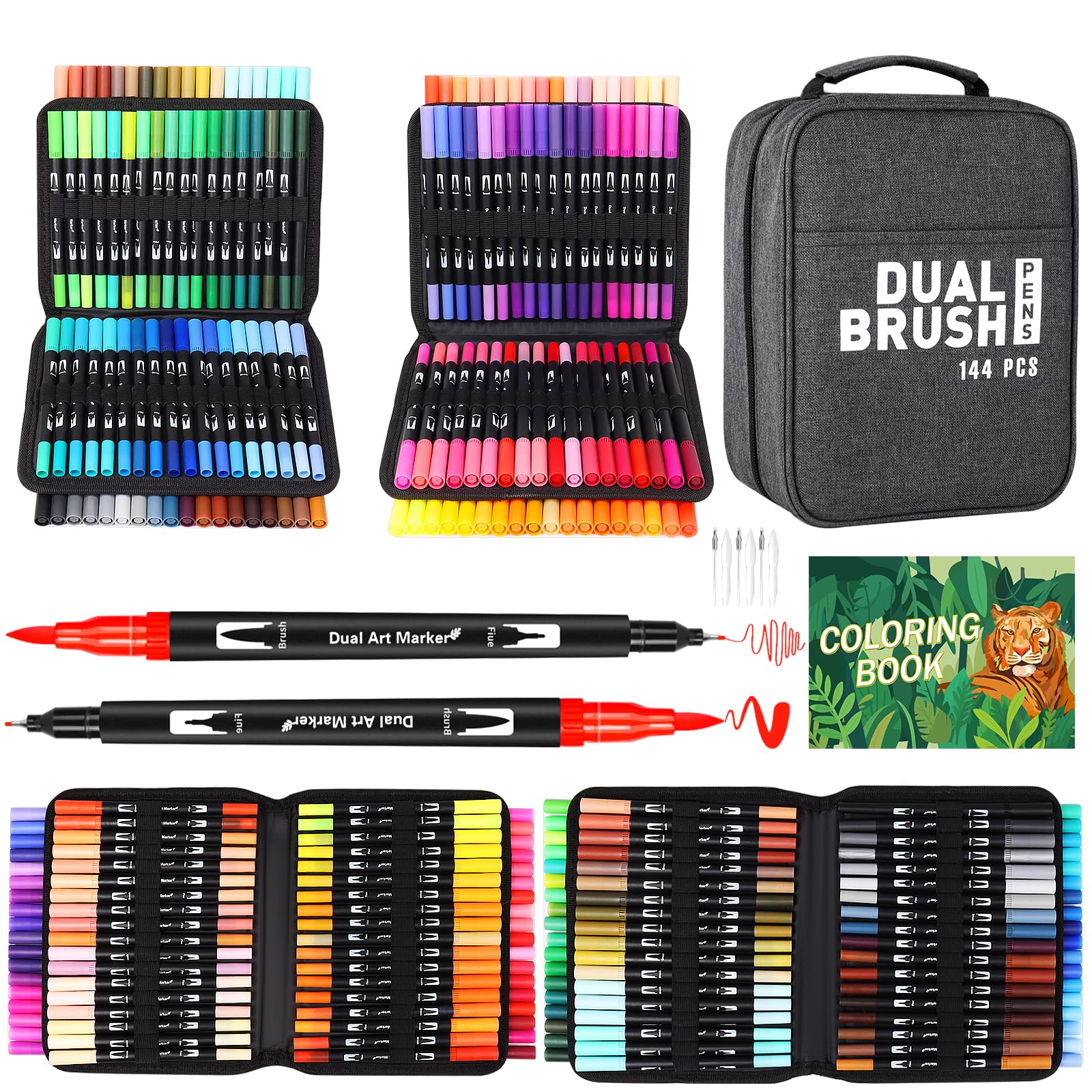 Sanyetral 144 Dual Tip Brush Pens | Art Set with Coloring Book for Adults