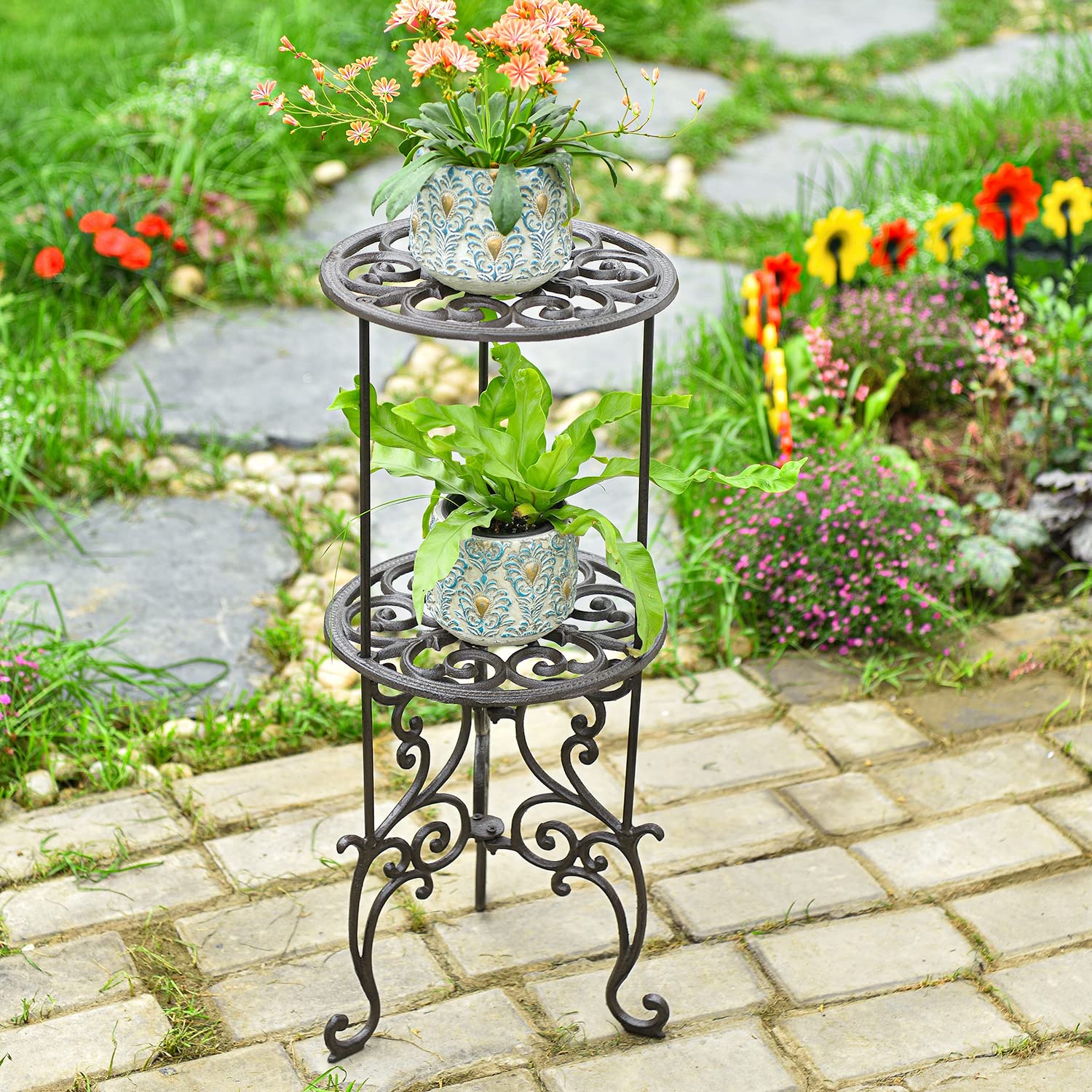Sungmor 26-Inch Heavy Duty Cast Iron Plant Stand | 2-Tier Rustic Metal Rack