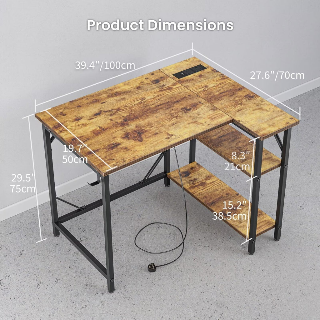 Domshoct L-Shaped Corner Desk with Power Outlets and Storage Shelves