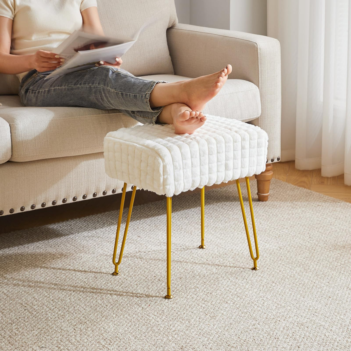 IBUYKE Makeup Vanity Chair, Rectangular Footrest Stool, White WBD003W - image 4