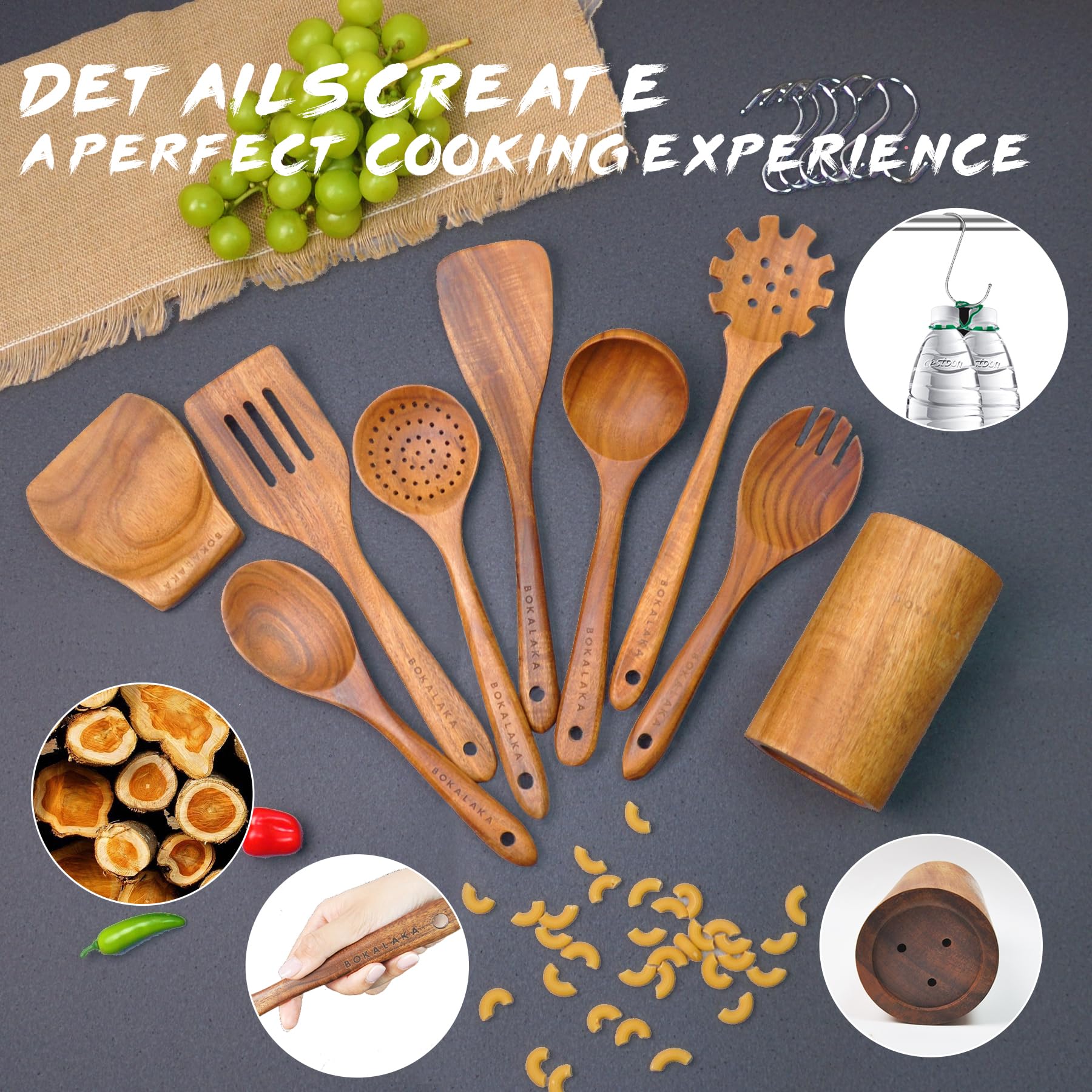 Teak Wooden Cooking Utensils Set – 9Pcs Nonstick Spoons