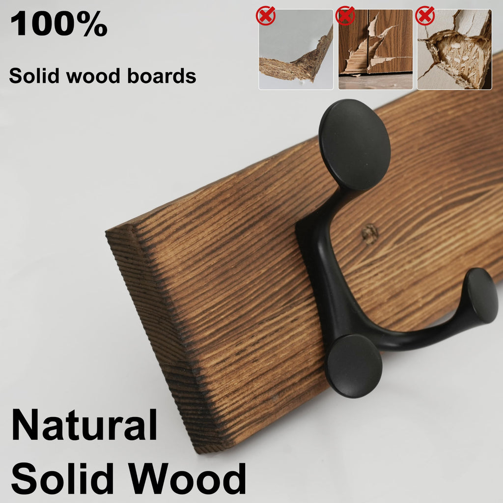 HONSKY Wall Mounted Coat Rack, 43cm Brown Pine Wood Base, 3 Black Sturdy Aluminium Alloy Triple Hooks 9 Hanging Points - image 5