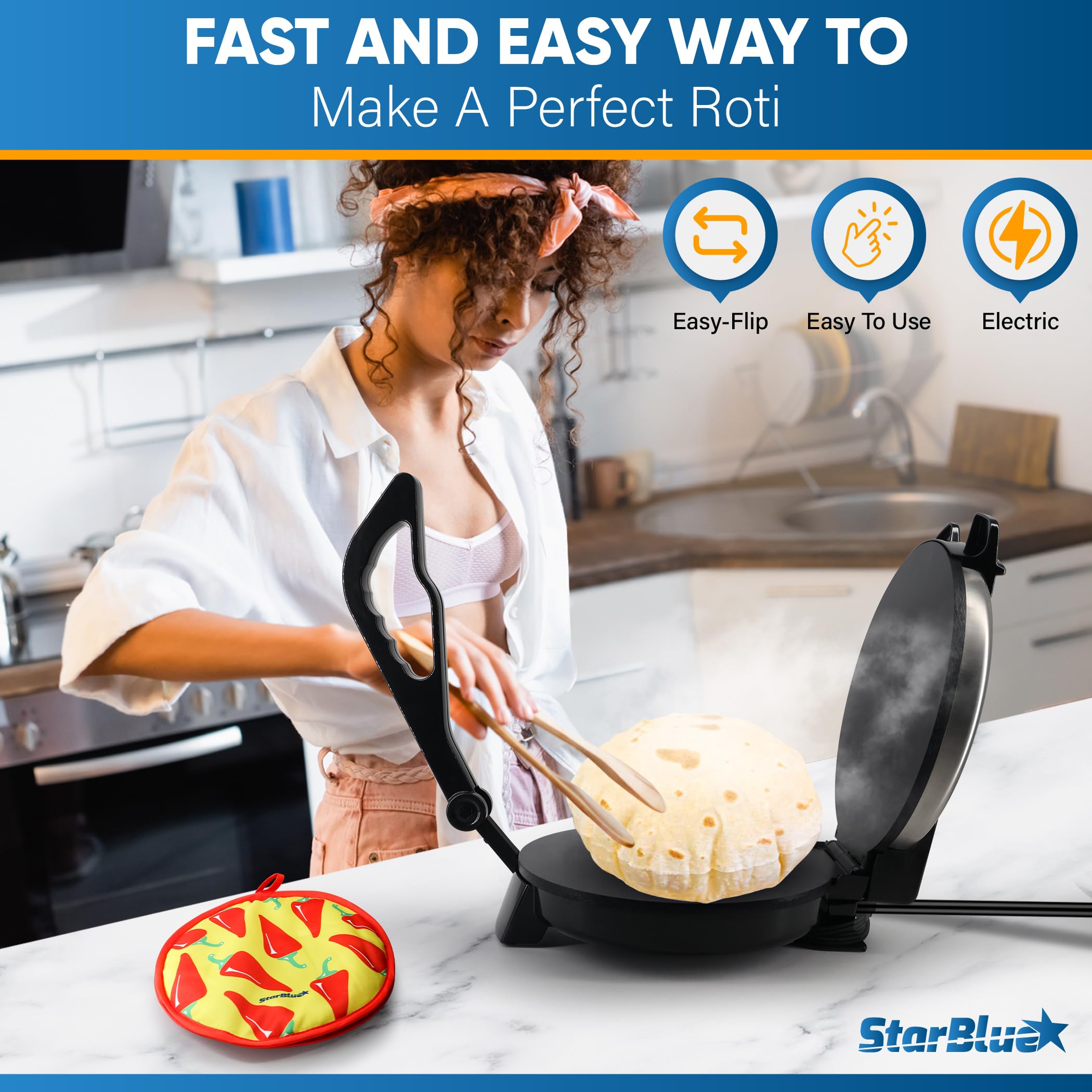 StarBlue 25.4cm Roti Maker – Non-Stick Tortilla & Chapati Machine, 1200W