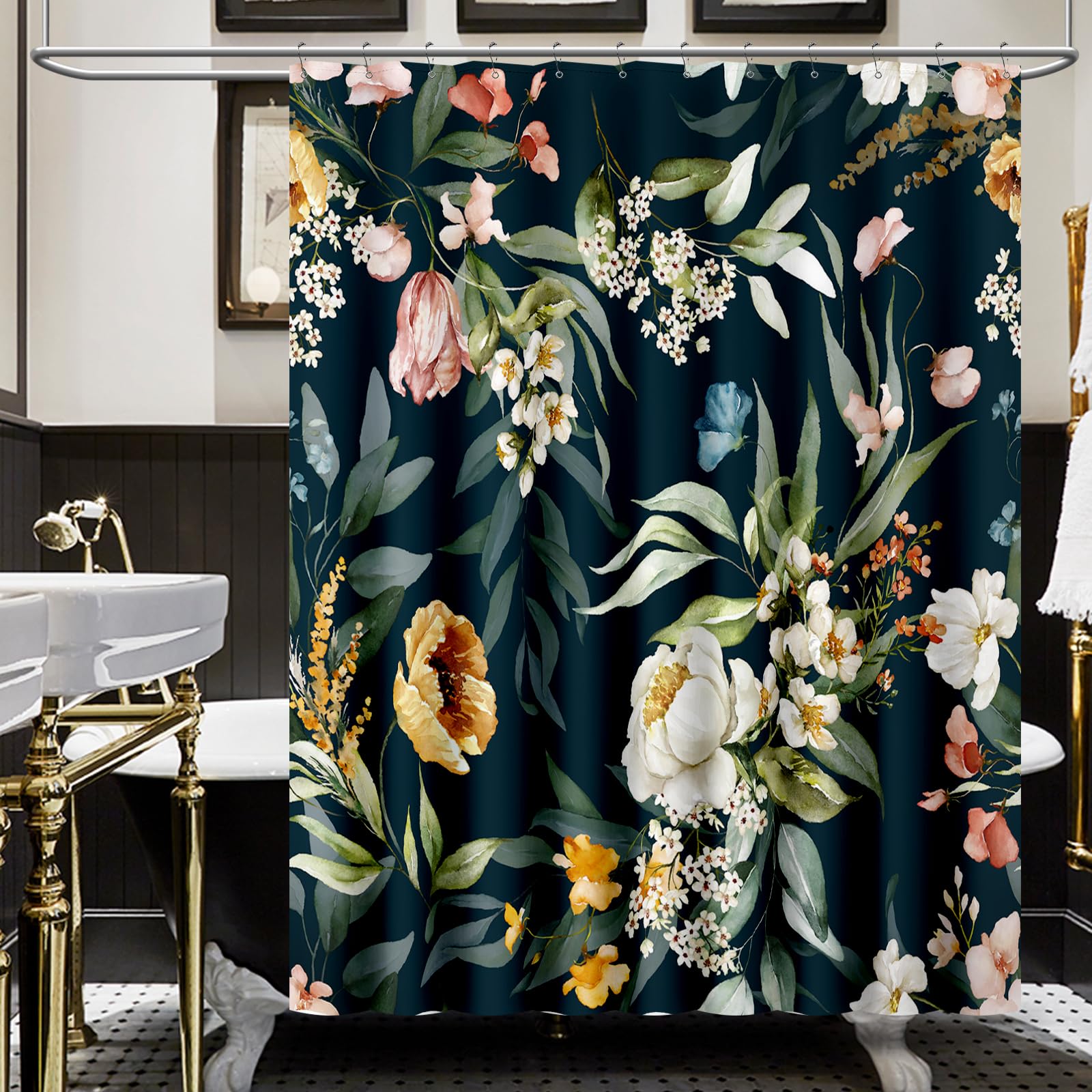 Amaredom Black Floral Shower Curtain | Waterproof Polyester - 183x183cm