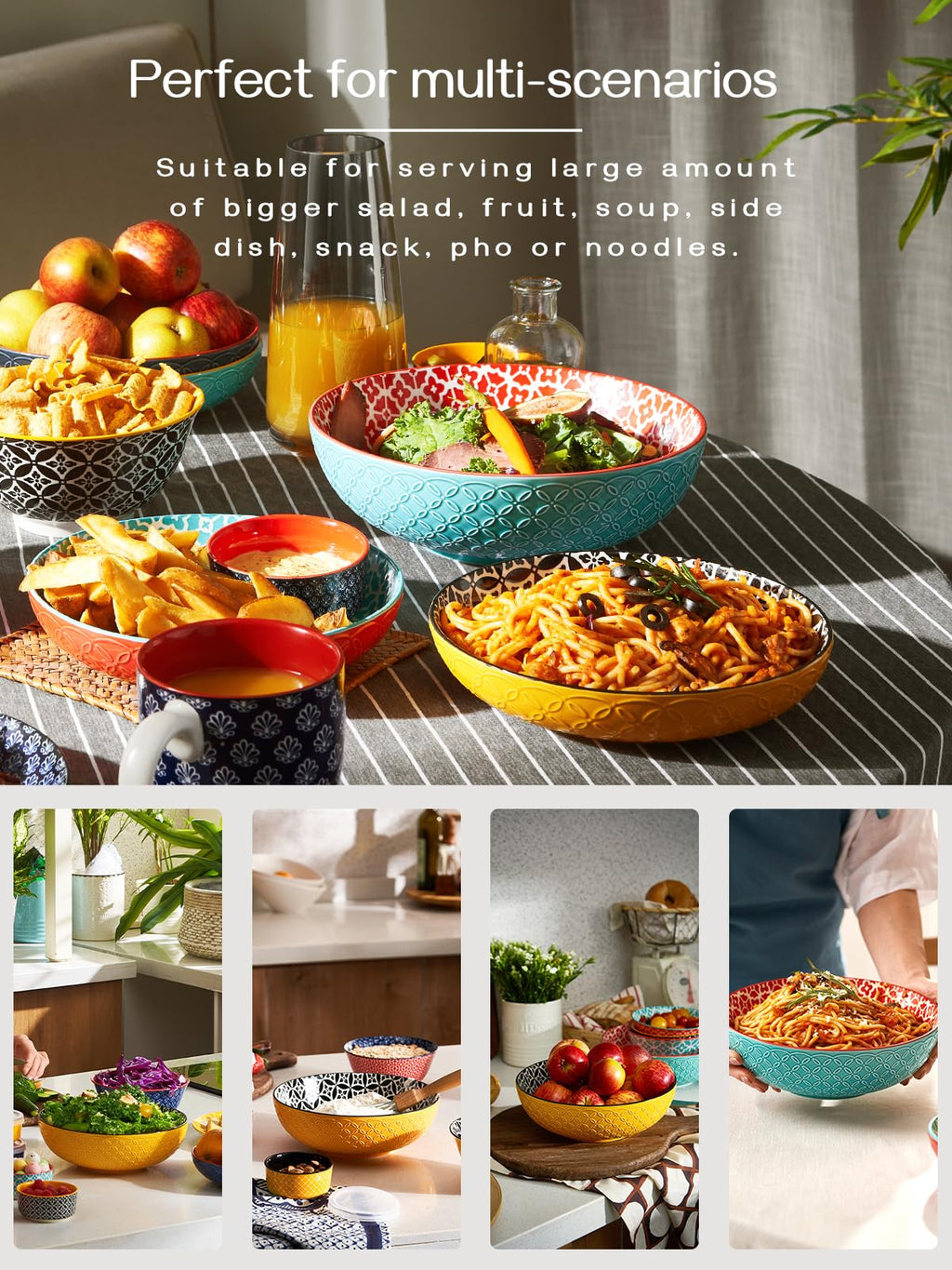 DOWAN Large Ceramic Salad Bowls – 24cm Geometric Pasta Serving Dishes, Set of 2