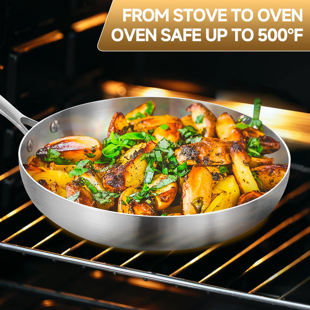Inqibee 26 CM Tri-Ply Stainless Steel Frying Pan with Lid | Induction Skillet