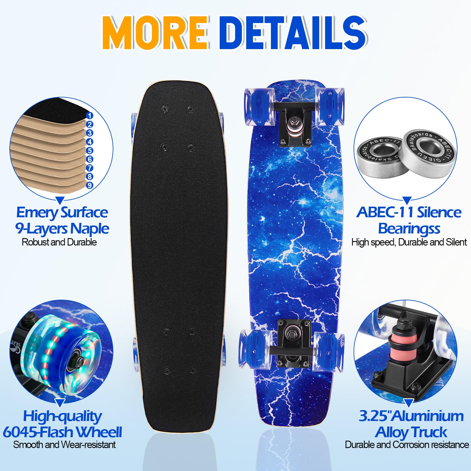 GIEEU Complete Skateboard | 9-Layer Maple Deck with Flashing Wheels