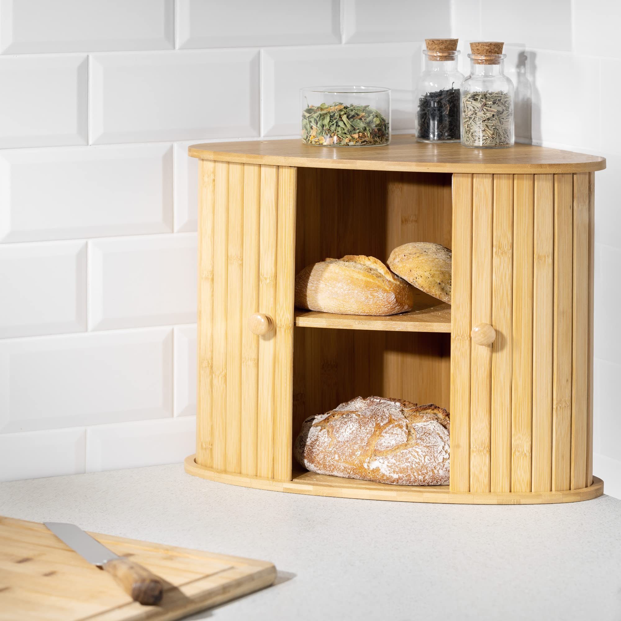 Navaris Bamboo Corner Bread Bin – Wooden Kitchen Storage with Sliding Doors