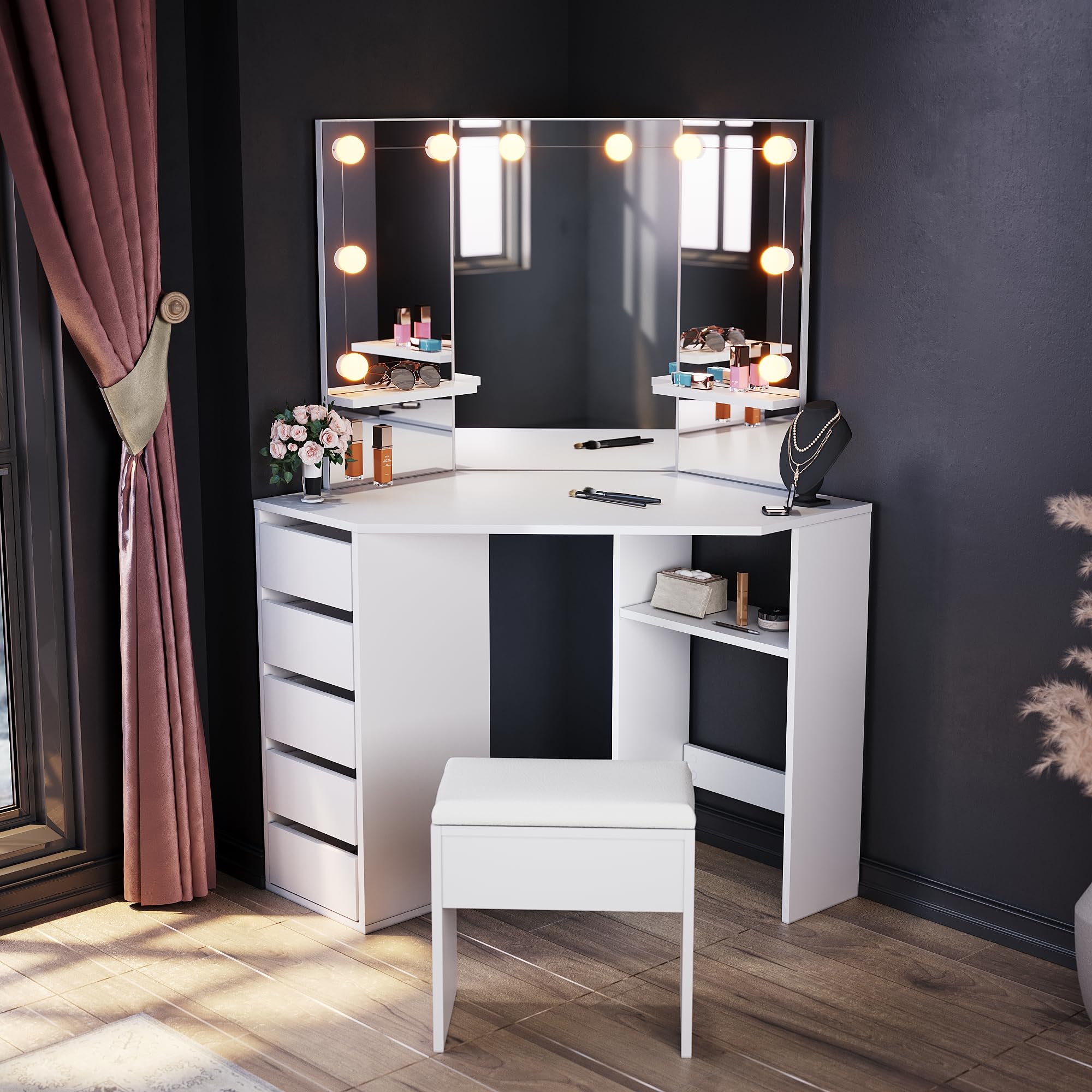 ELEGANT Corner Dressing Table Set with Hollywood LED Mirror & Stool - White