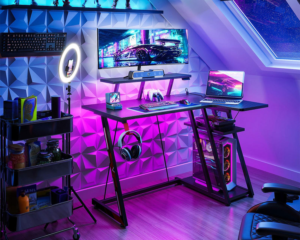 ODK L-Shaped Gaming Desk with LED Lights & Power Outlets - Carbon Black