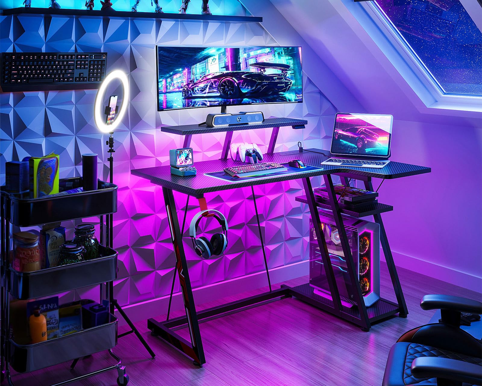 ODK L-Shaped Gaming Desk with LED Lights & Power Outlets - Carbon Black