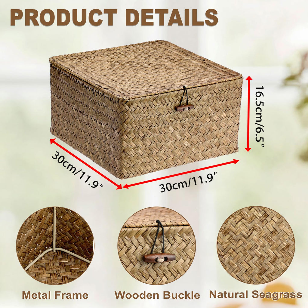 IGNPION Seagrass Storage Basket with Lid Woven Wicker Desktop Basket Rectangular Bathroom Storage Organiser Box - image 5