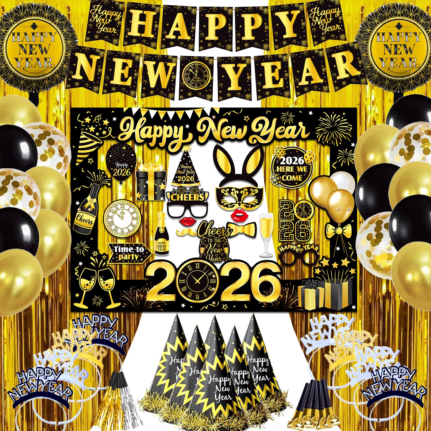 2025 New Year Decorations Set – Black and Gold Party Kit