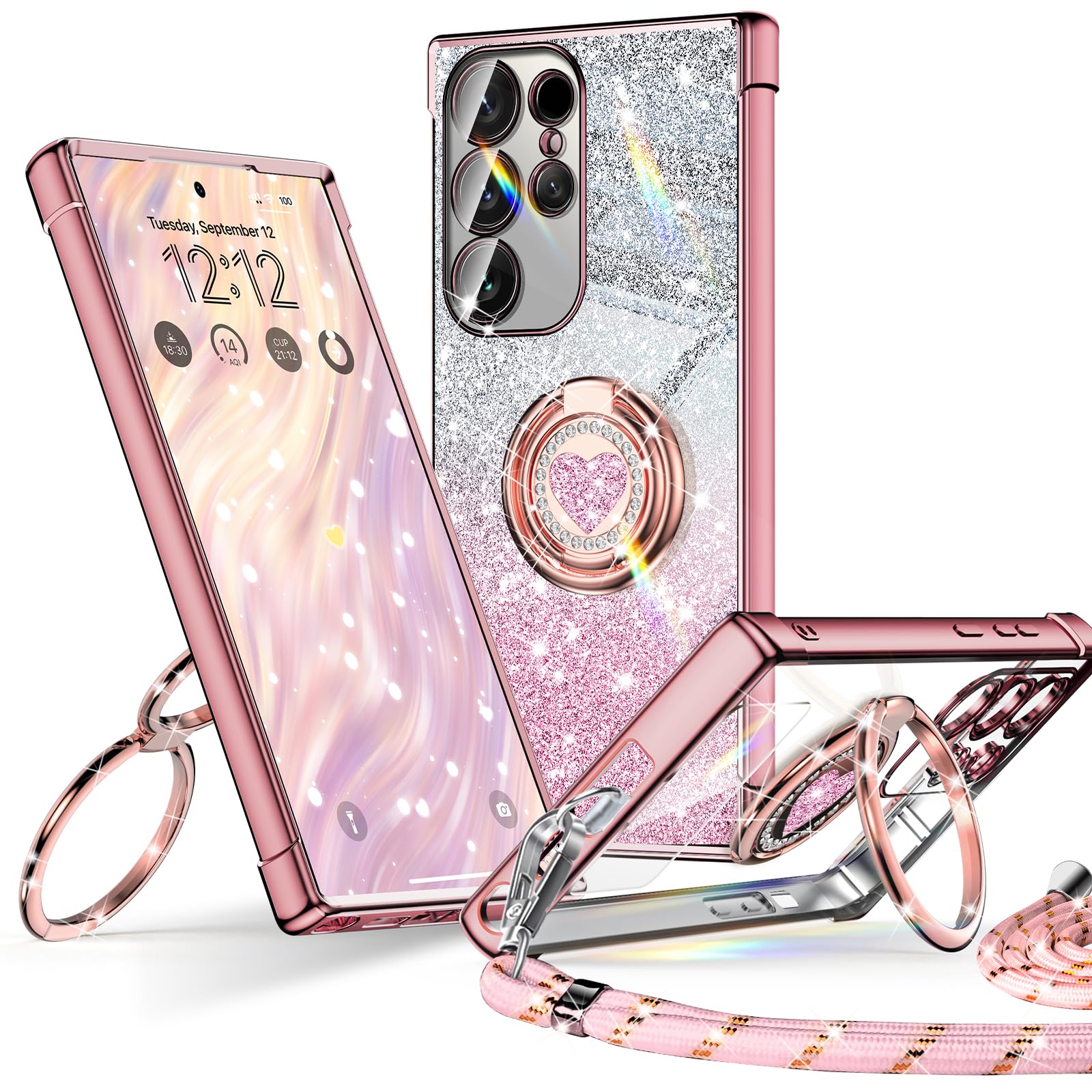Samsung Galaxy S25 Ultra Case - Heart Glitter with Lanyard