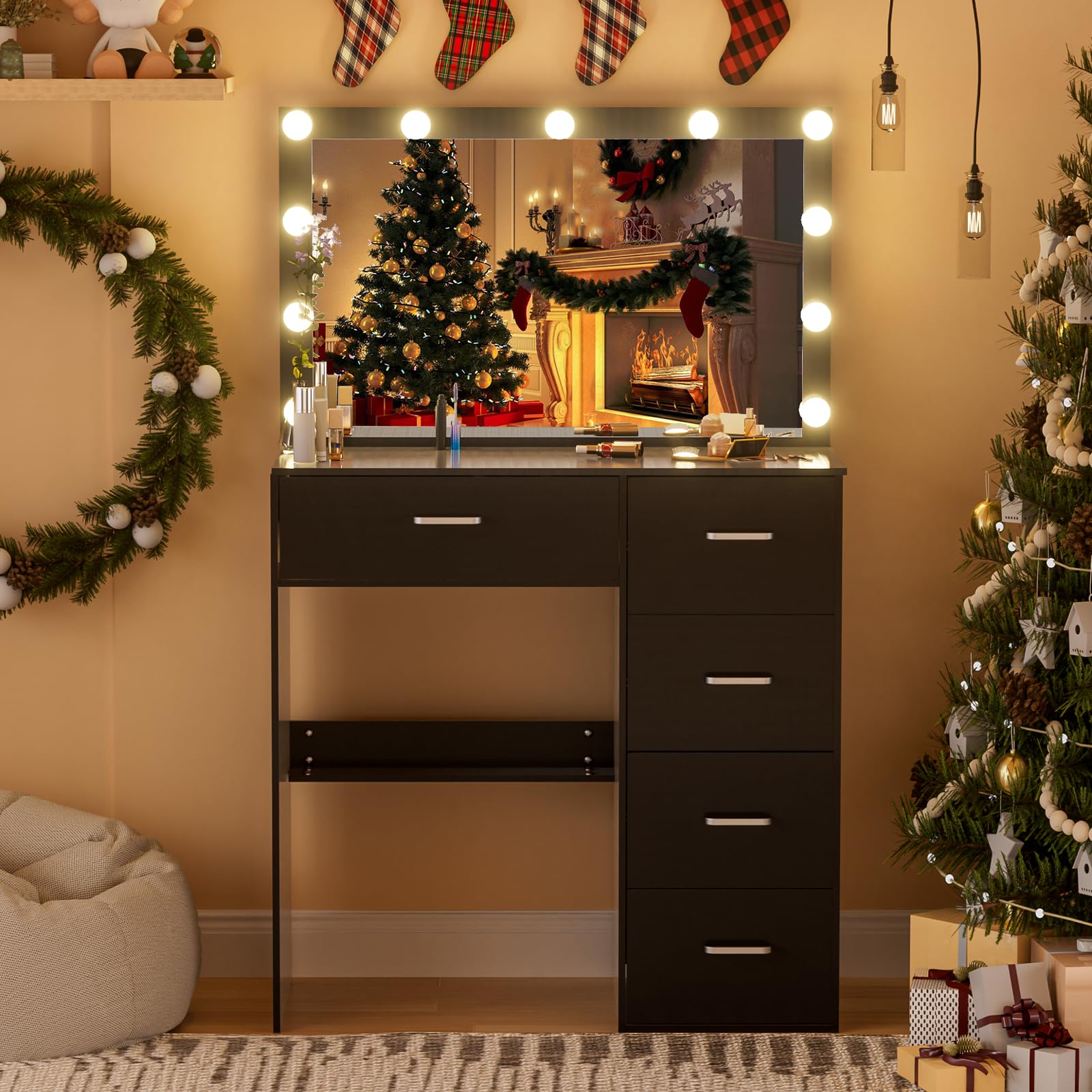 Saihemei Makeup Vanity Table with 11 LED Mirror and 5 Drawers – Black