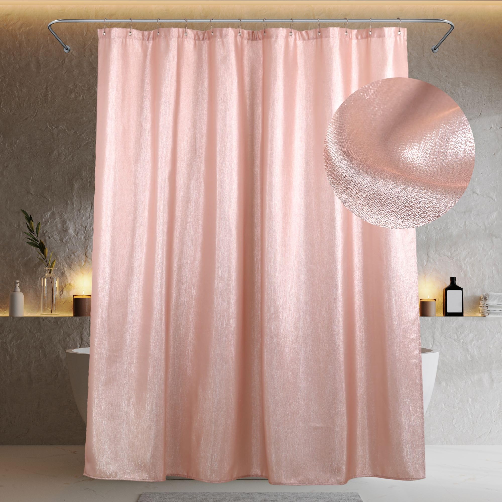 PopKozzi Pink Glitter Shower Curtain – Metallic Shimmer Polyester Fabric