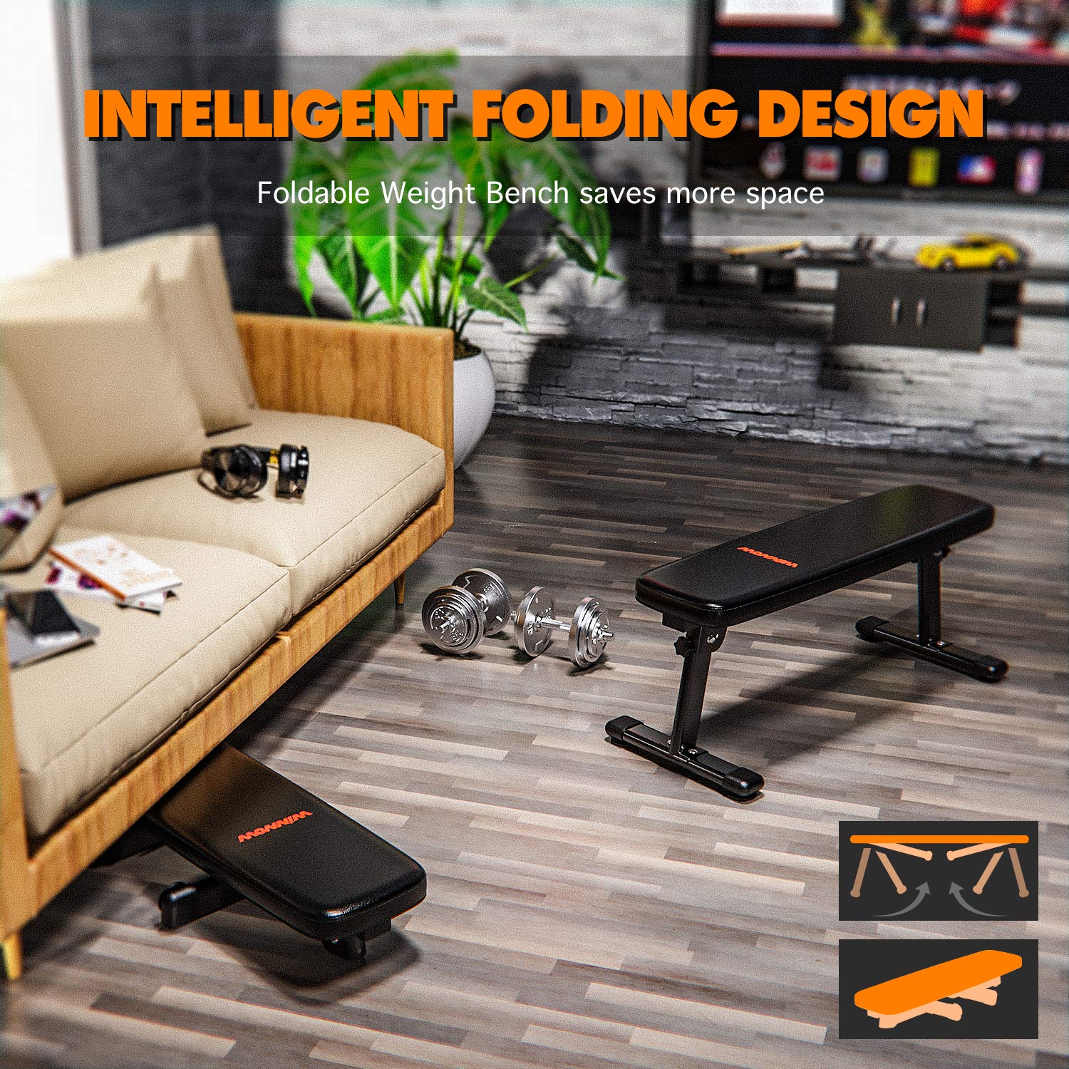 WINNOW Folding Weight Bench – Portable Flat Home Workout Fitness Bench