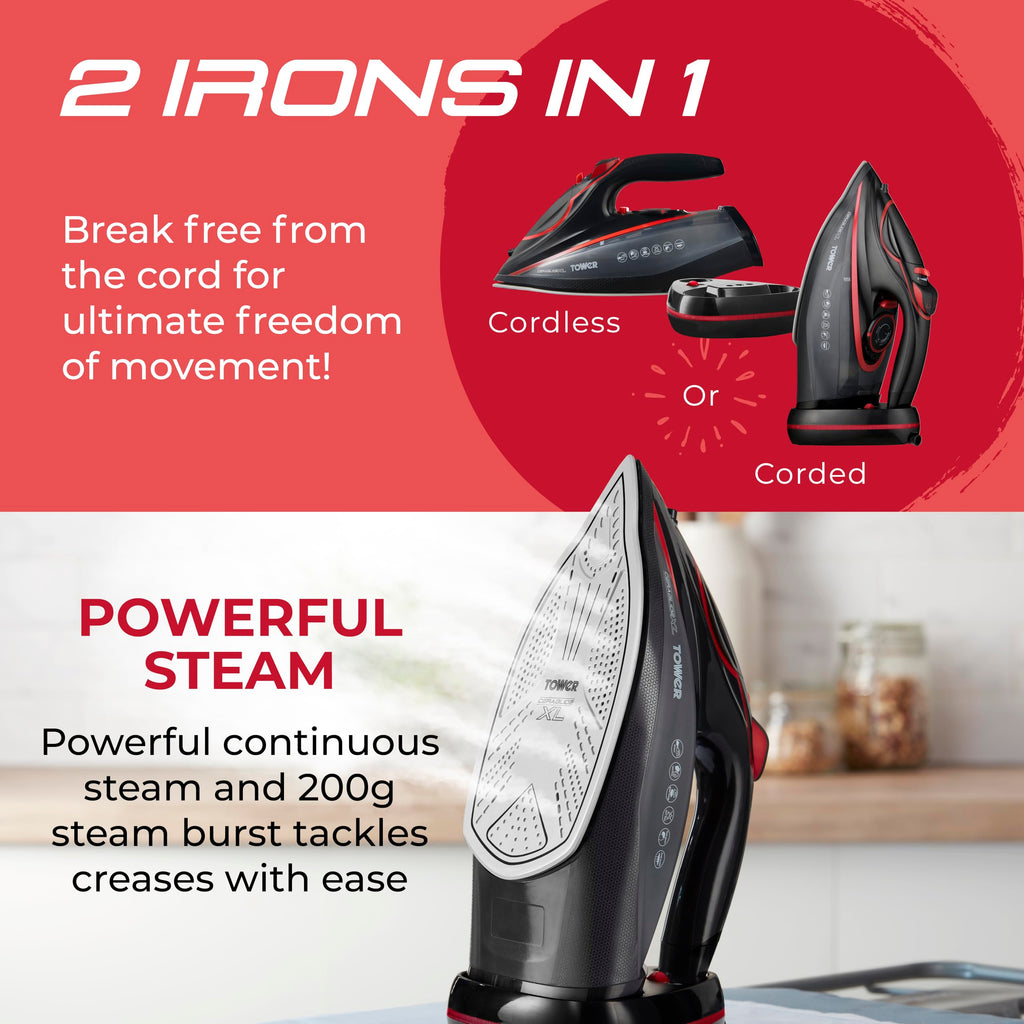 Tower 3100W Cordless Steam Iron | Ceraglide XL Ceramic Soleplate – Red