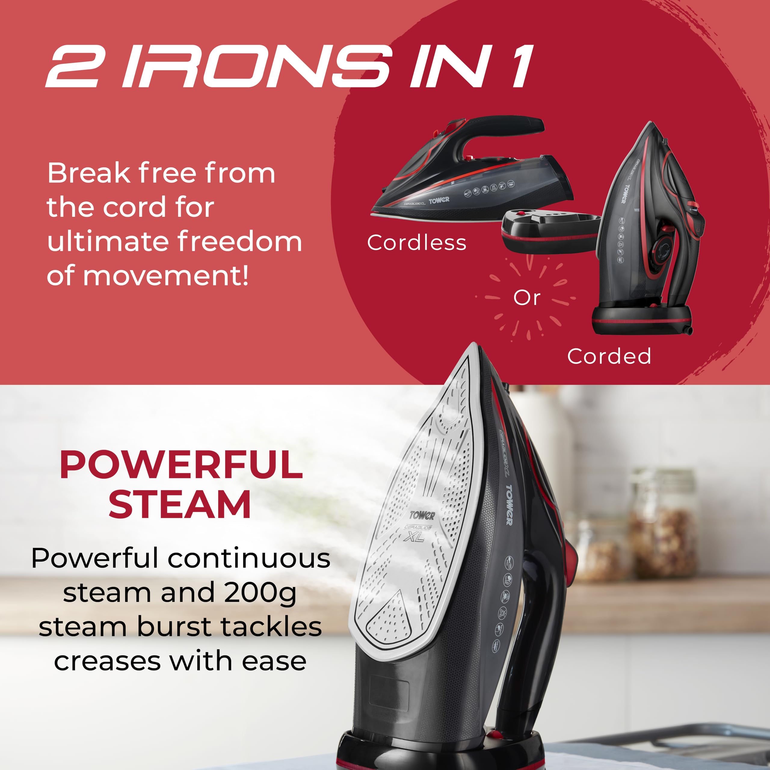 Tower 3100W Cordless Steam Iron | Ceraglide XL Ceramic Soleplate – Red
