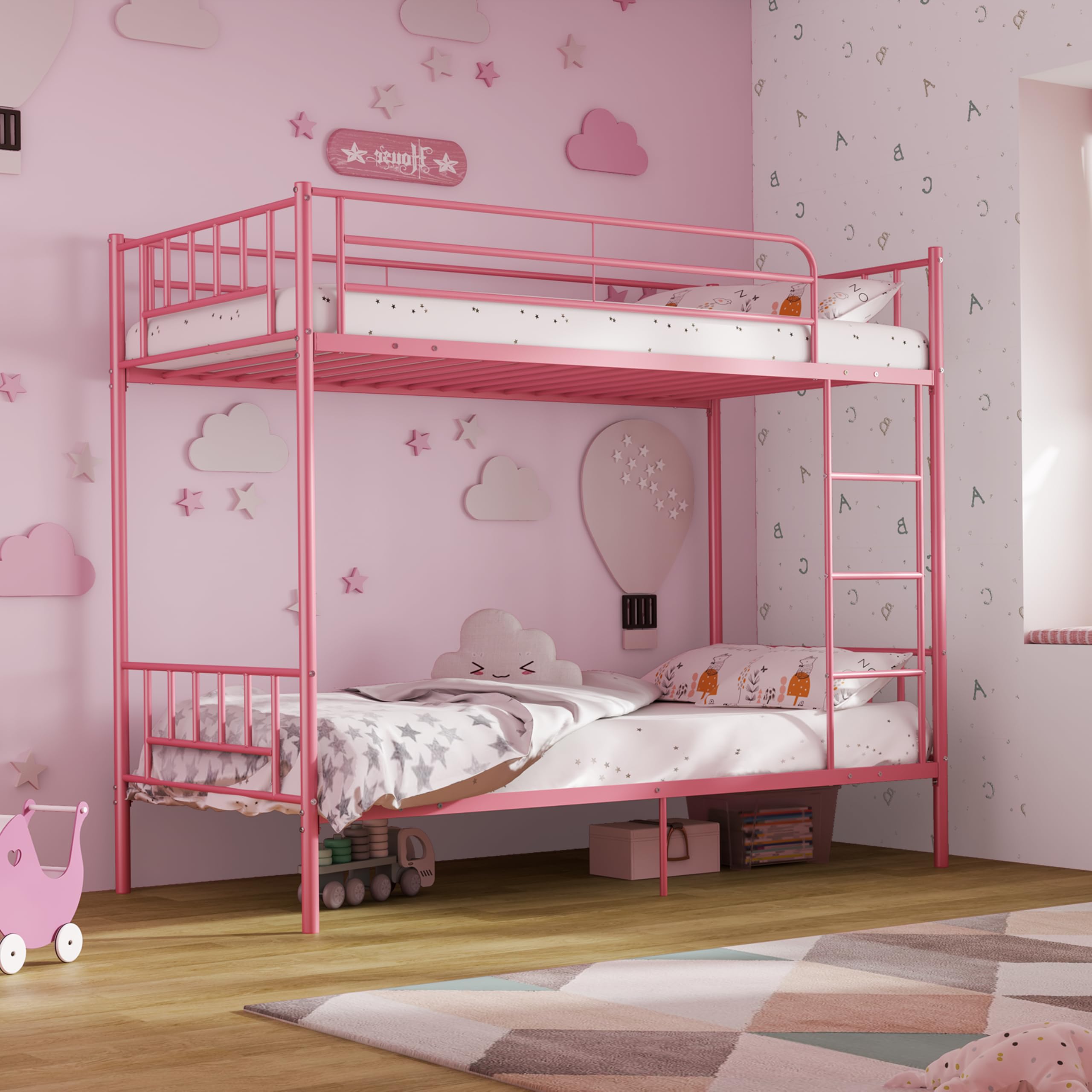XINBEDEU 3FT Single Metal Bunk Bed Frame | Twin Over Twin - Pink