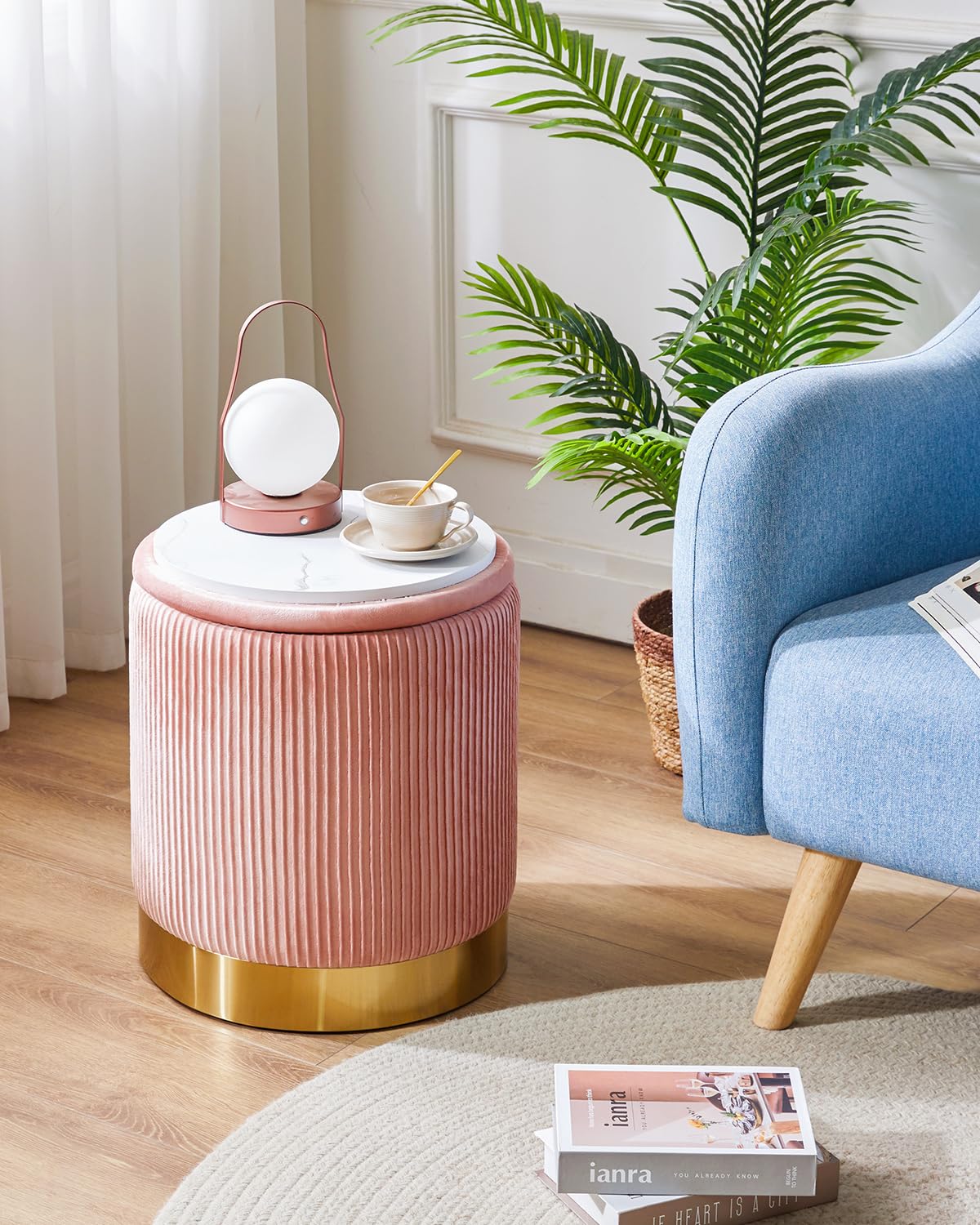 IBUYKE Set of 2 Round Velvet Storage Ottomans | Modern Vanity Stool - Pink
