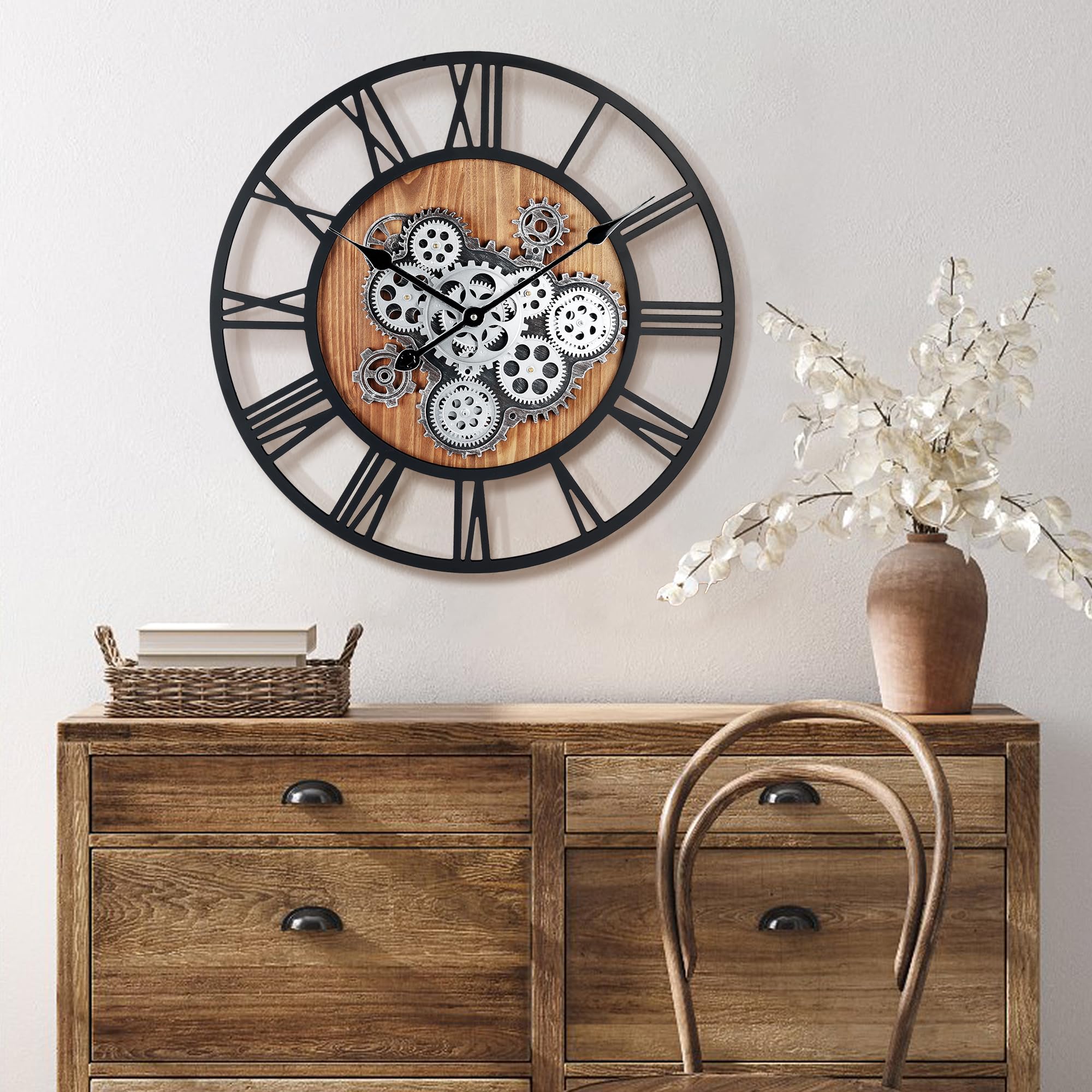 Lafocuse 23 Inch Moving Gears Wall Clock – Rustic Industrial Wooden Decor