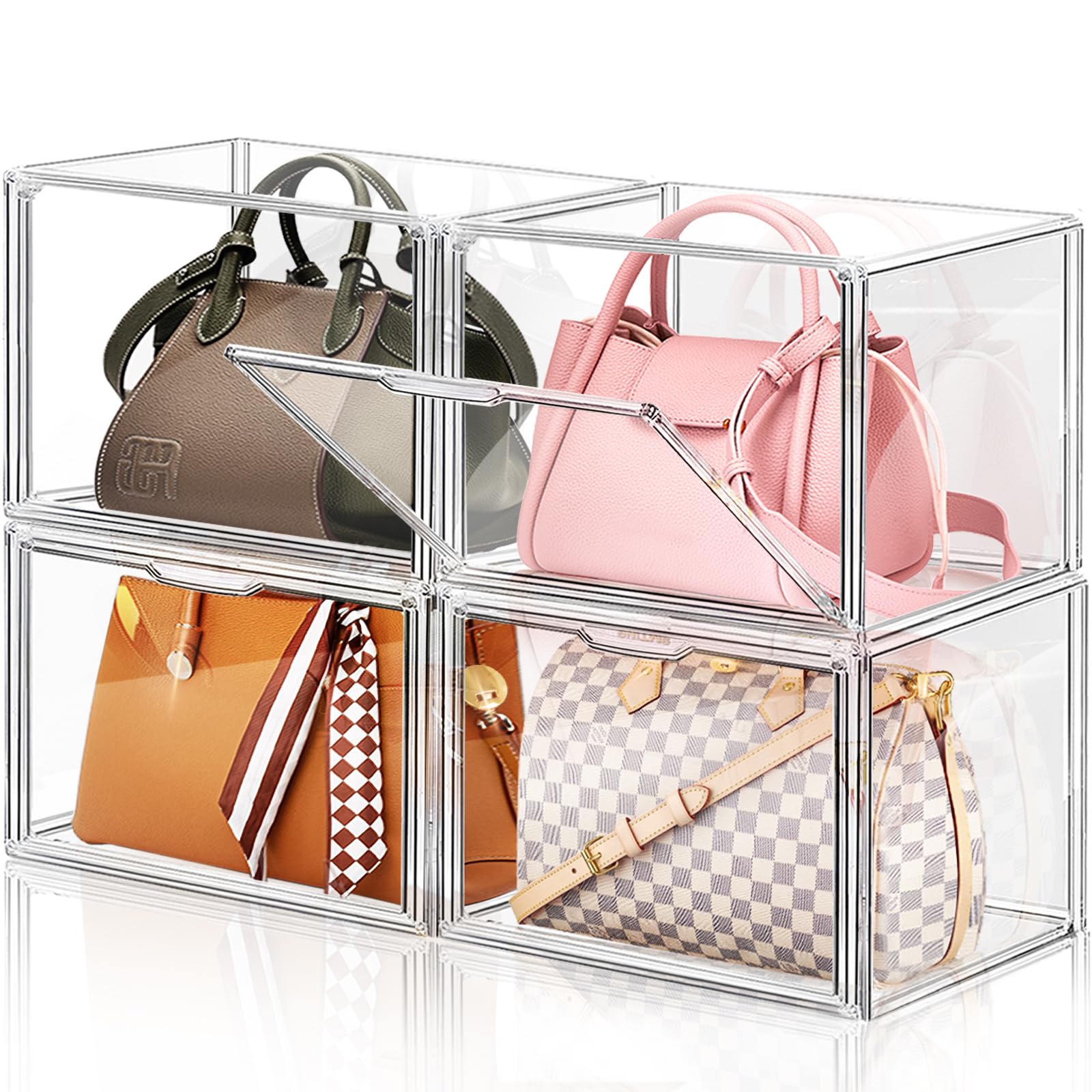 LINYAPRY 4-Pack Stackable Acrylic Handbag Organizer with Magnetic Door