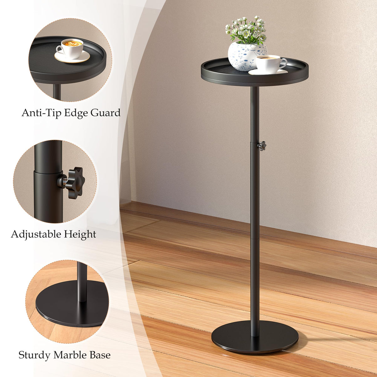 KEENSUNI Round Side Table,Small Round Coffee Table,End Table with Marble Pedestal Side Table for Small Space, Living Room,Bedroom,Sofa Couch Black